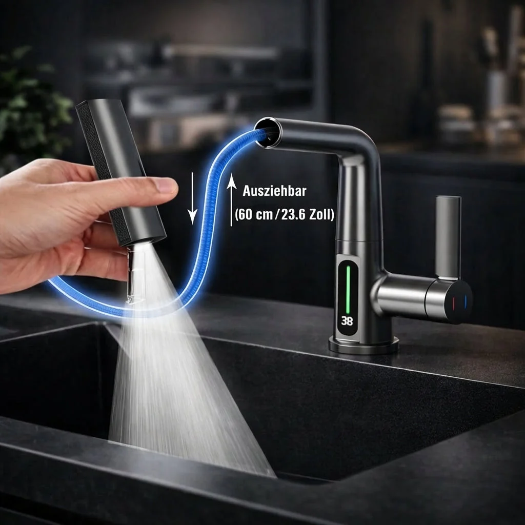 Flexibler Wasserhahn mit LED-Temperaturanzeige und 5 Strahlmodi �C moderne K��chen- und Badarmatur