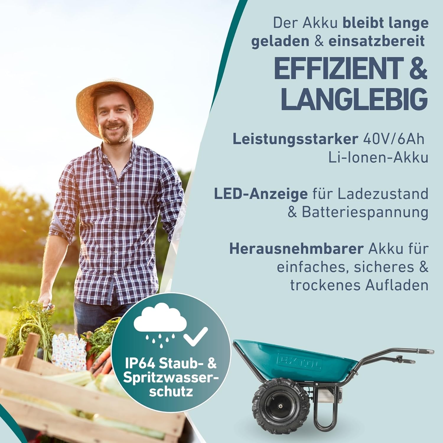 Elektrische Schubkarre mit Akku I 100L Mulde I 260kg Traglast I 500W I 40V Li-ion mit 6000mAh