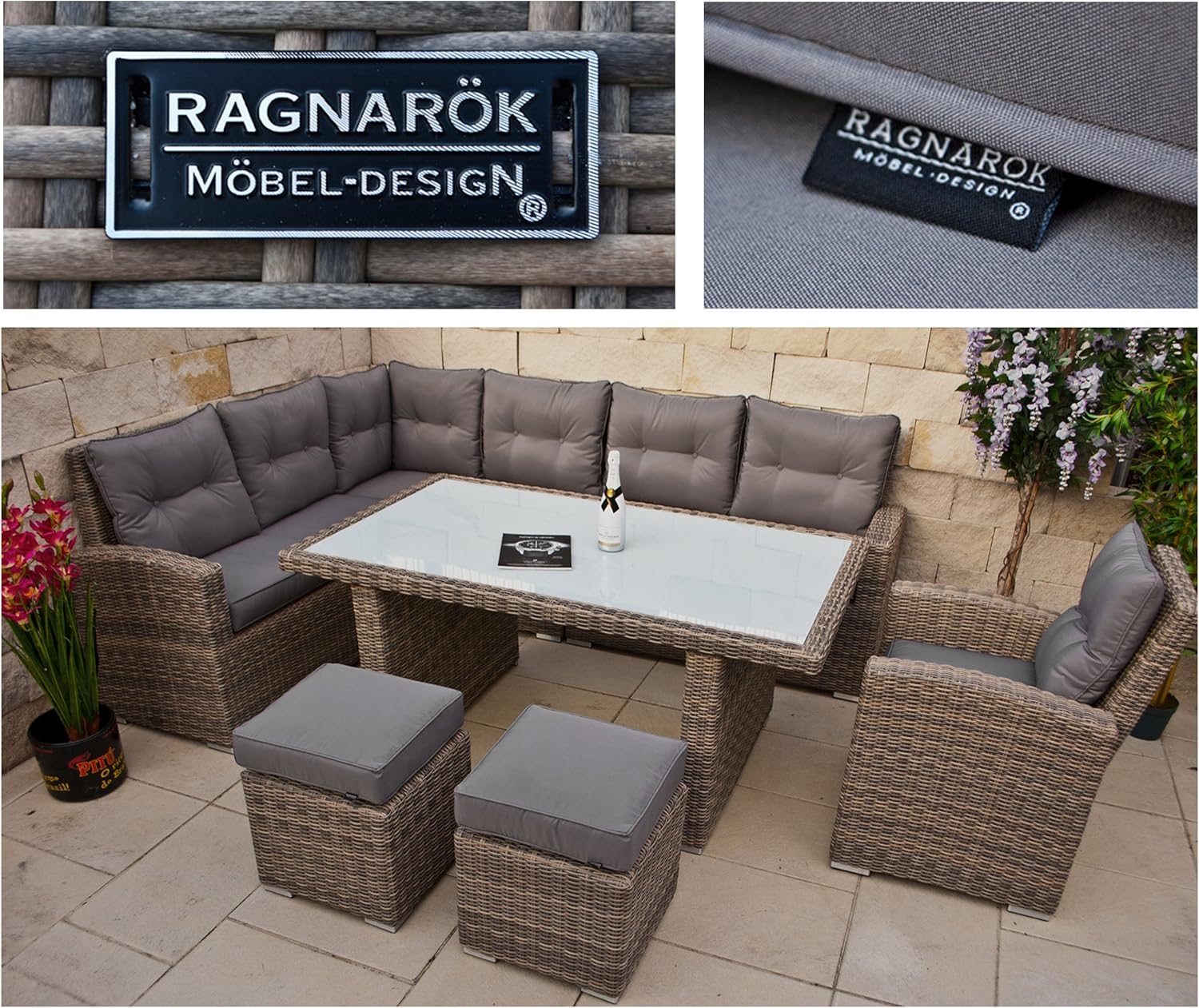 Ragnarök-Möbeldesign hohe Dining Lounge - DEUTSCHE Hersteller - 8 Jahre GARANTIE - EIGENE Produktion - PolyRattan Gartenmöbel Essgruppe Sessel Naturfarben Rundrattan Grau