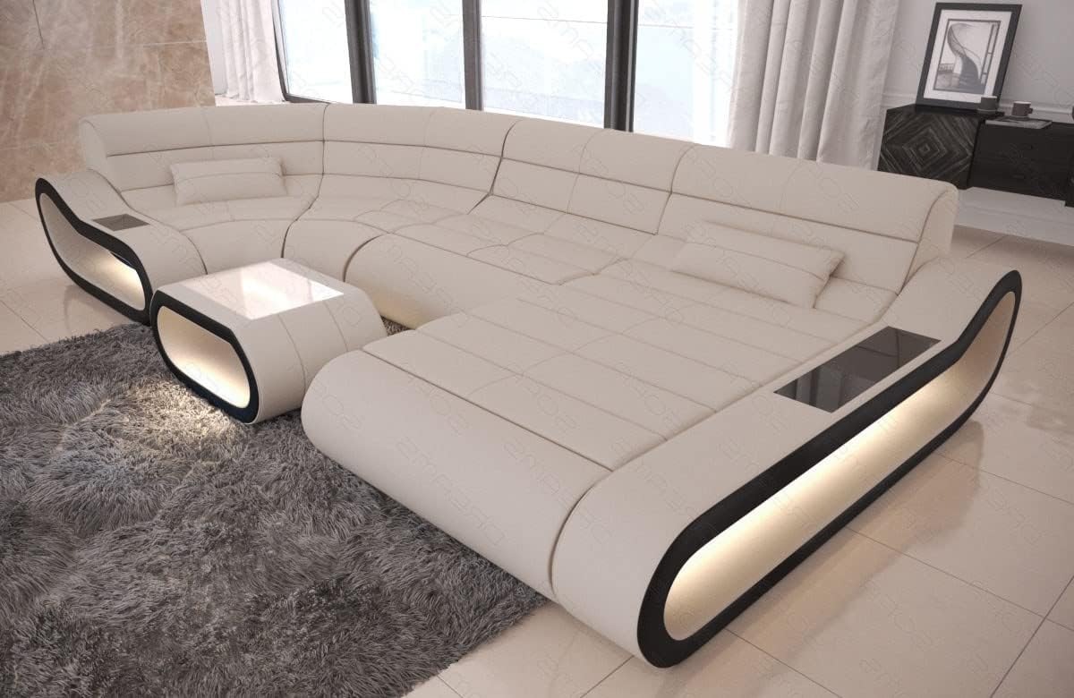 Sofa Dreams Wohnlandschaft Concept U Form - mit LED Beleuchtung, Ottomane/Mikrofaser/Ausrichtung wählbar (Ottomane rechts, Schwarz-Elfenbein)