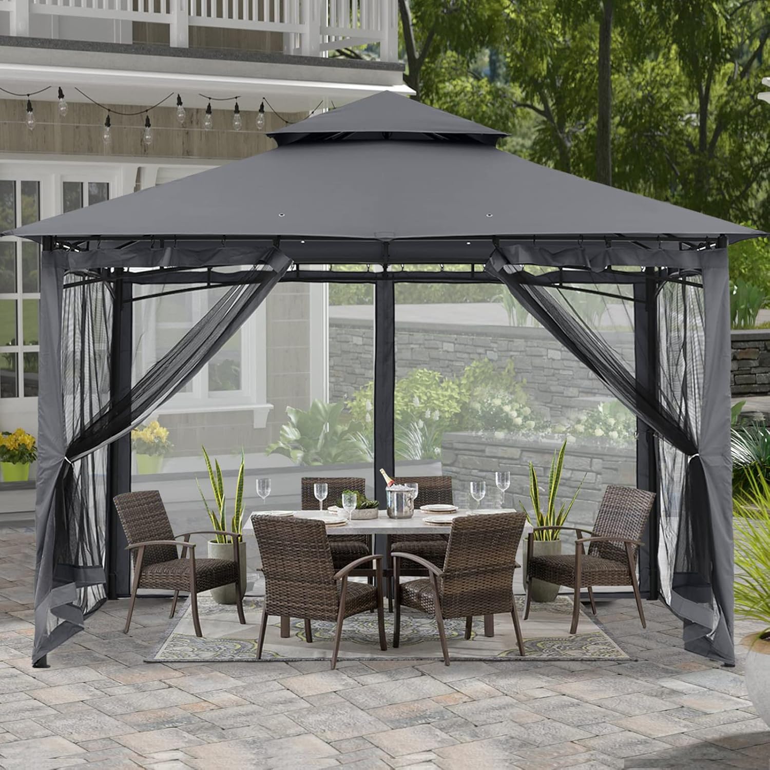 ABCCANOPY Pavillon 2.5x2.5m Wasserdicht Stabil Winterfest Gartenpavillon，Doppeldachweichdach Hinterhof-Partyzelt mit Netz für Schatten und Regen,Grau