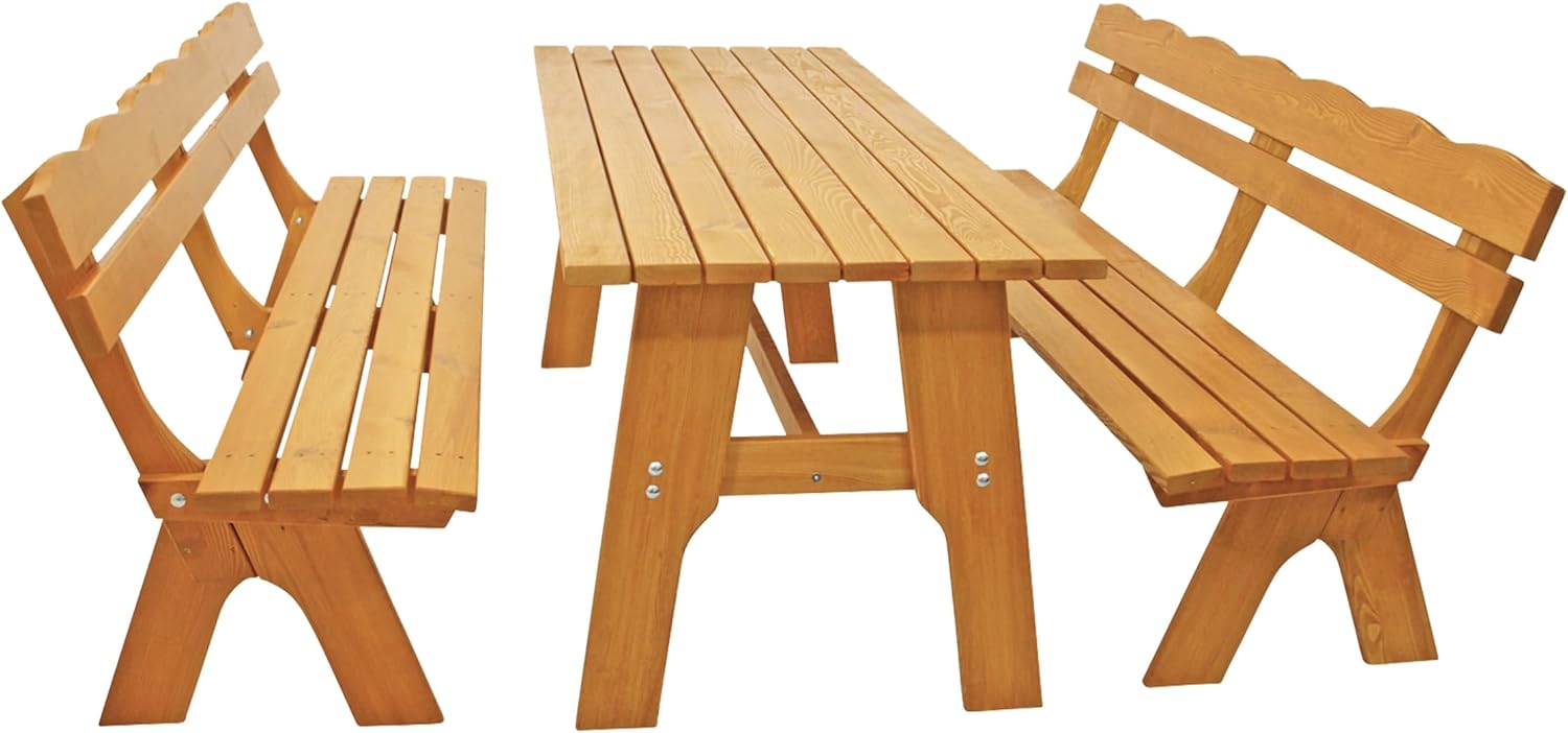 DEGAMO Gartengarnitur Essgruppe Freital XXL 3-teilig 200cm, 2X Bank 200cm und 1x Tisch 72x200cm, Massive Kiefer hell lackiert, Outdoor
