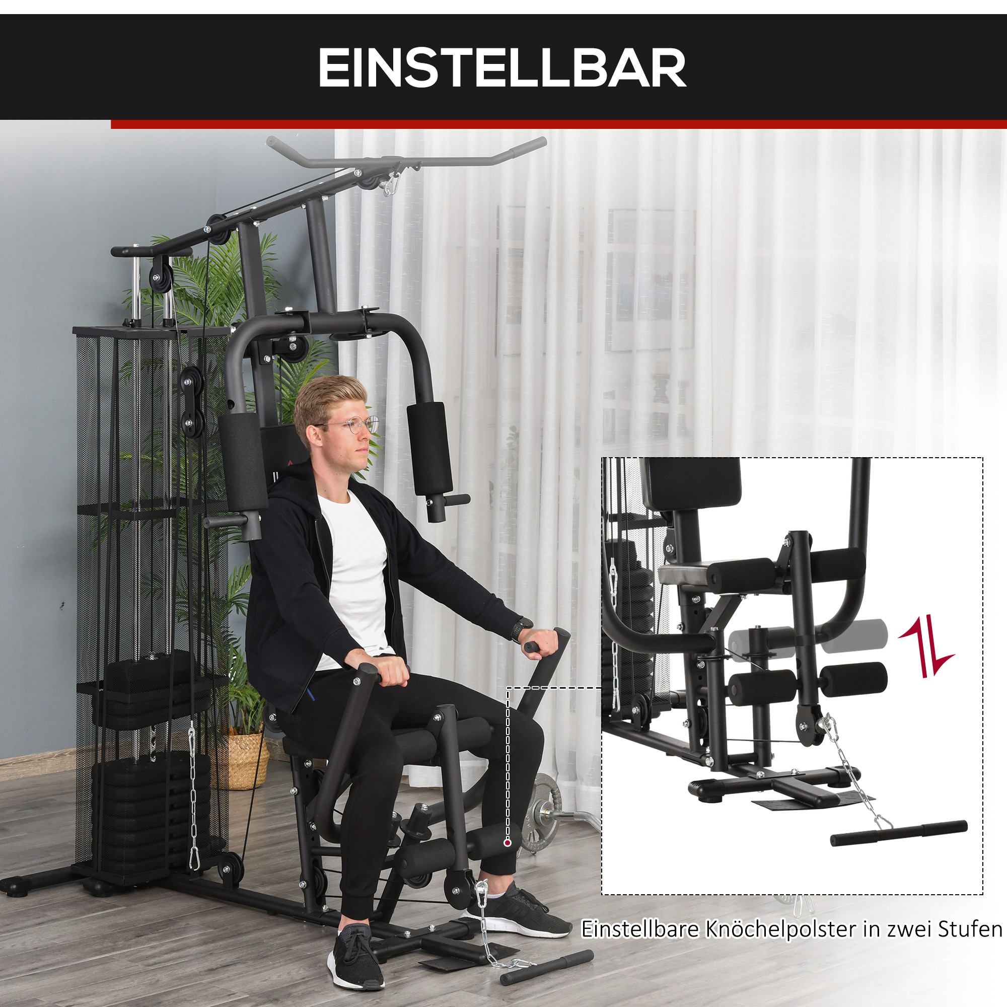 Gym Krachtstation Fitnessstation Multigym Fitnesscentrum Fitnessapparatuur incl. gewichten Latzug Beincurl Metaal PU-kunstleer zwart 150 x 110 x 210 cm