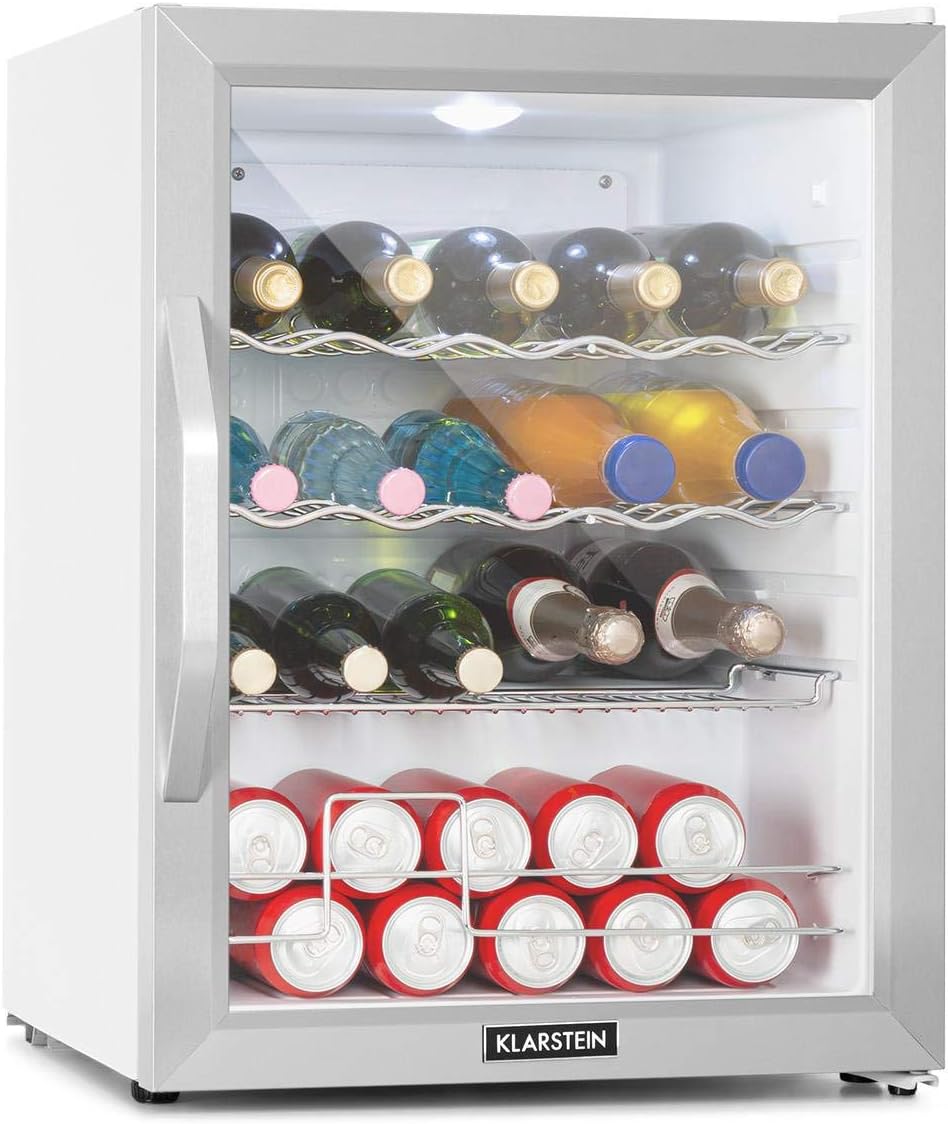Klarstein Mini Kühlschrank mit Glastür für Zimmer, Getrnkekühlschrank mit Verstellbaren Ablagen, Kleiner 80 Liter, Indoor/Outdoor Kühlschrank Leise