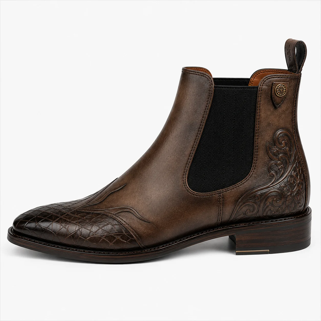 Men��s Vintage Brown Chelsea Boots �C Embossed Crocodile Toe Design