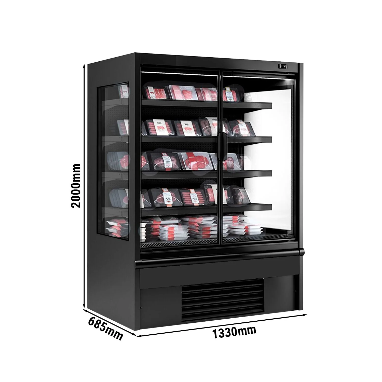 Kjølereol - 1 330 mm - 455 l - +2 °C til +4 °C - med 2 hengslede glassdører, med dobbelt isolerglass & 4 hyller - svart
