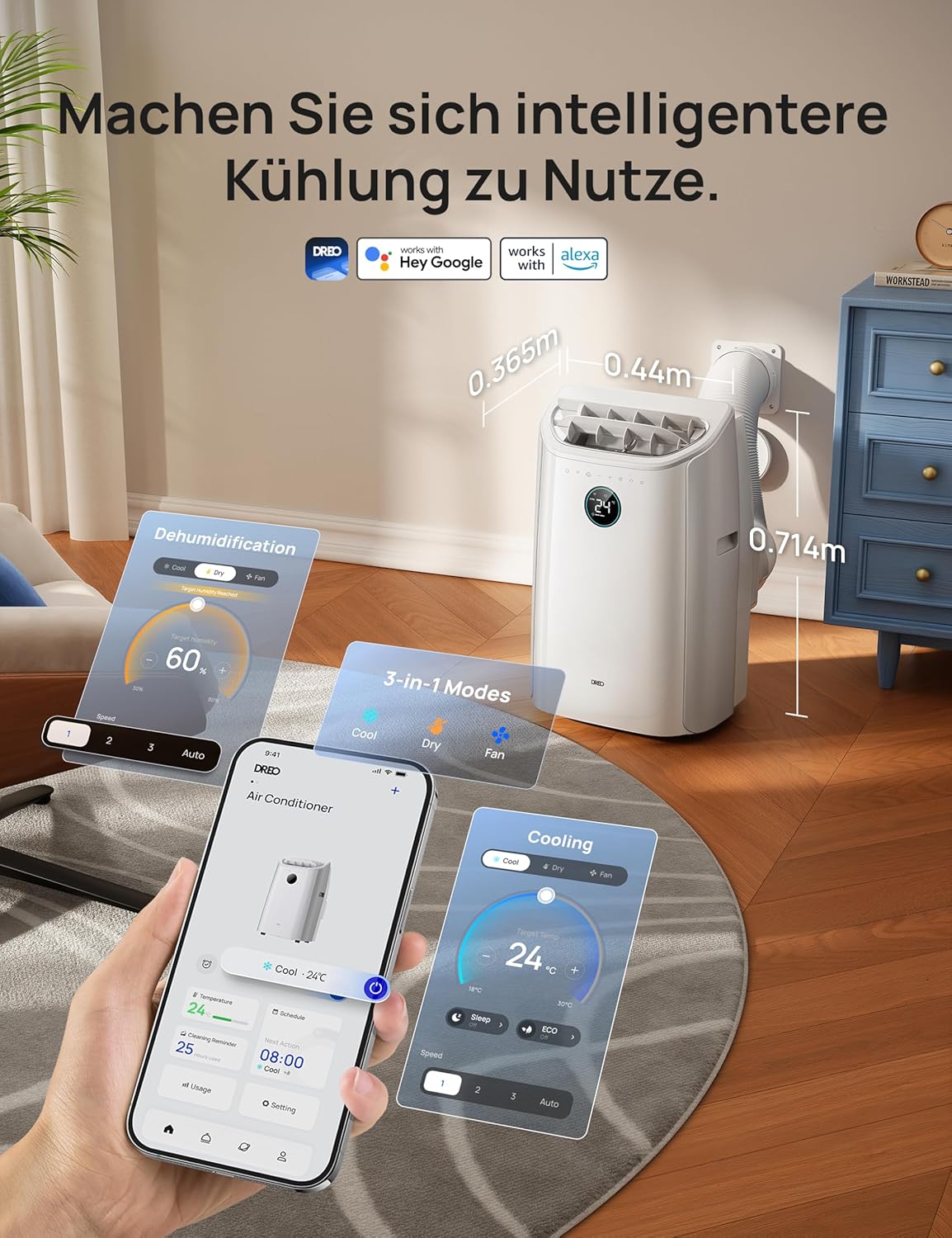 DREO 12000 BTU Mobiles Klimagerät (3-in-1 Kühlen/Ventilieren/Entfeuchten), leise für Schlafzimmer/Büro, Steuerung per App/Sprachbefehl/Fernbedienung, drainagefrei, Fenster-Set, 3,2 L/h, AC516S