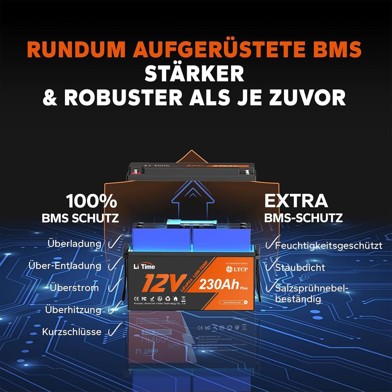 Litime 12V 230Ah Plus LiFePO4 Batterie Low-Temp-Schutz Eingebautes 200A BMS, Max 2944Wh Energie, Lithium-Eisenphosphat Batterie Perfekt für Womo, Camping, Solaranlage, Boot, Hausenergiespeicher
