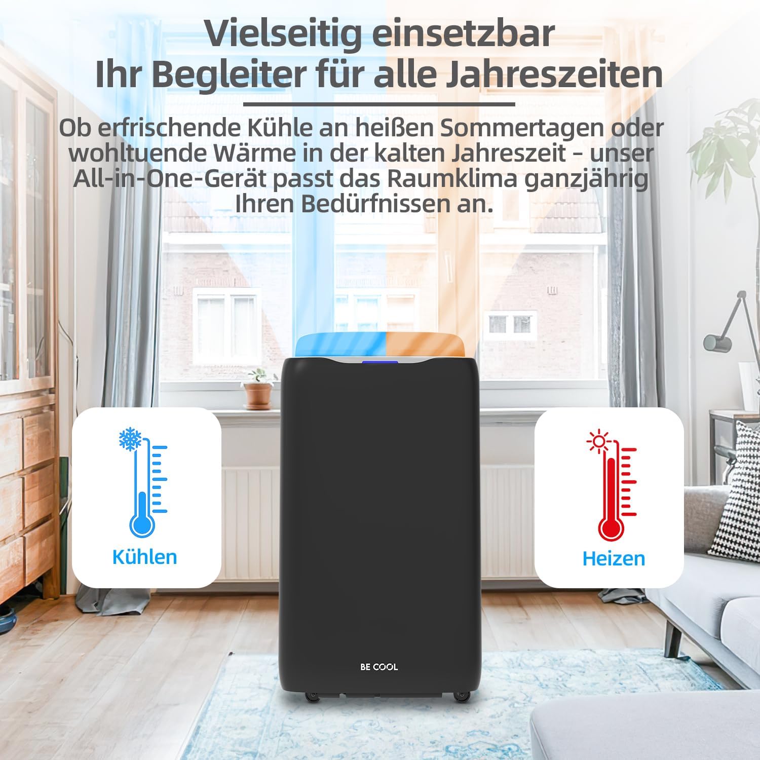 BE COOL 4in1 Klimagerät 14.000 BTU BC14KL2402FW – Kühlen: 14.000 BTU, Heizfunktion, bis max. 125 m³, WiFi-Steuerung, Fernbedienung, schwarz