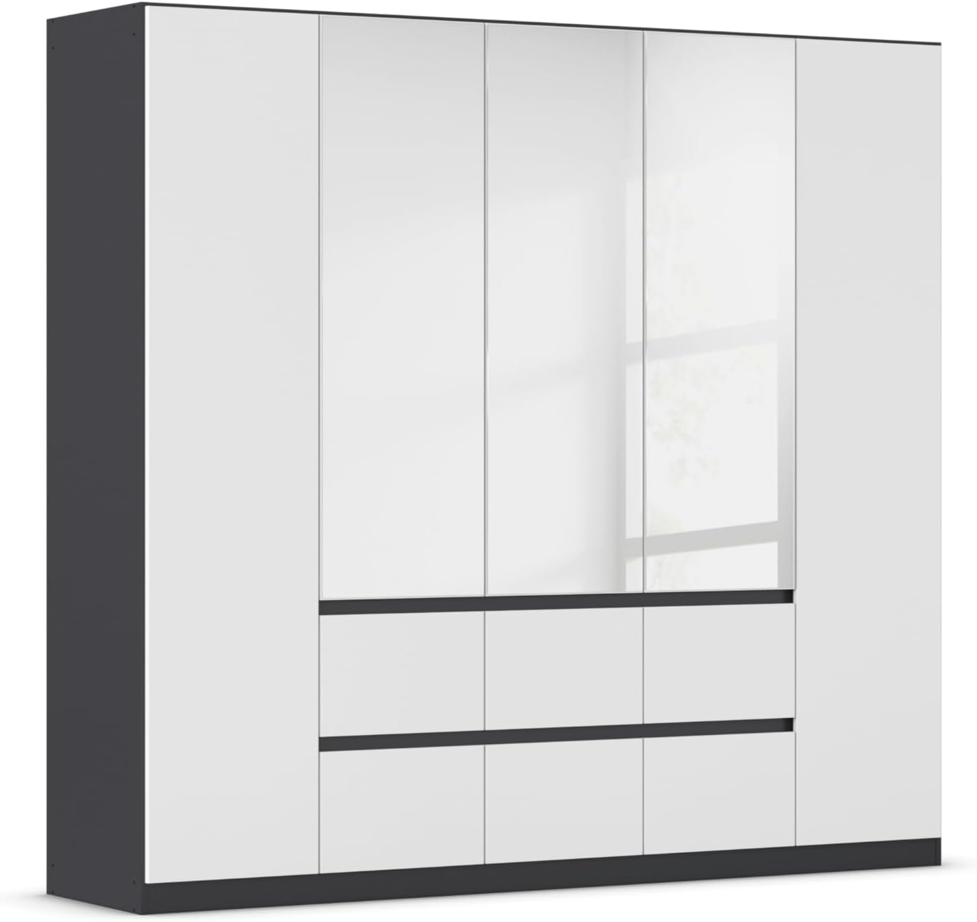 Rauch Möbel Mainz Schrank Kleiderschrank Drehtürenschrank Weiß-Grau metallic, Schwarz, 5-türig Spiegel, 6 Schubladen, Zubehörpaket Basic 3 Einlegeböden, 3 Kleiderstangen, grifflos BxHxT 226x210x54 cm