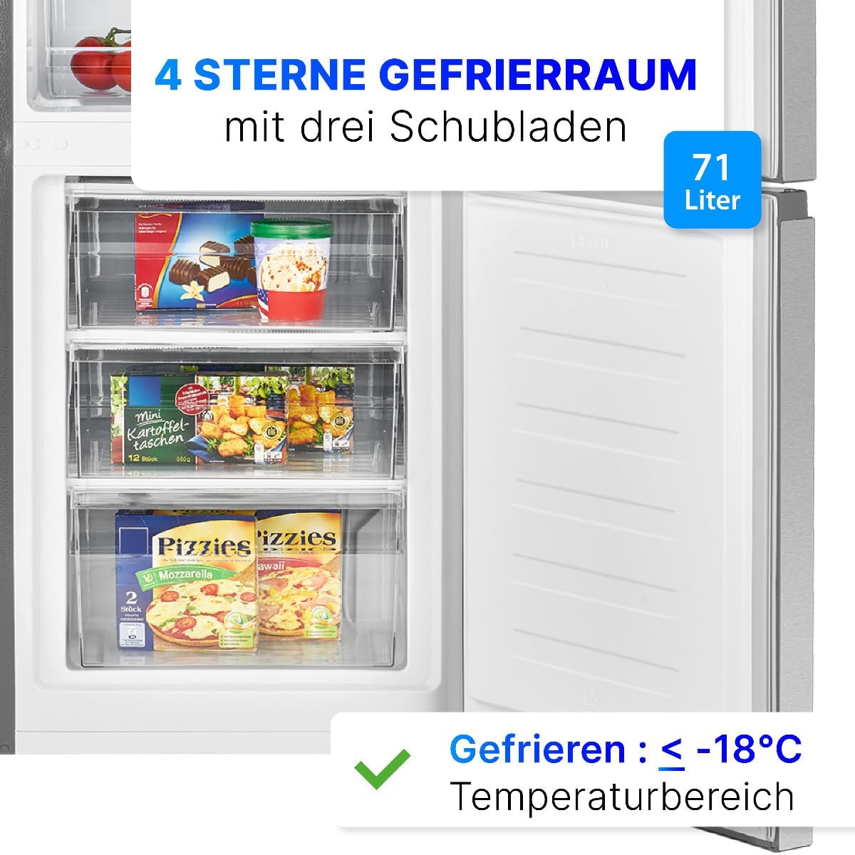 Bomann Kühlschrank mit Gefrierfach | Energieklasse D | 180cm | Kühl Gefrierkombination leise 39 dB | 4 Ablagen & 3 Schubladen | Türanschlag wechselbar | 269L Kühlgefrierkombi | KG 184.2 inox