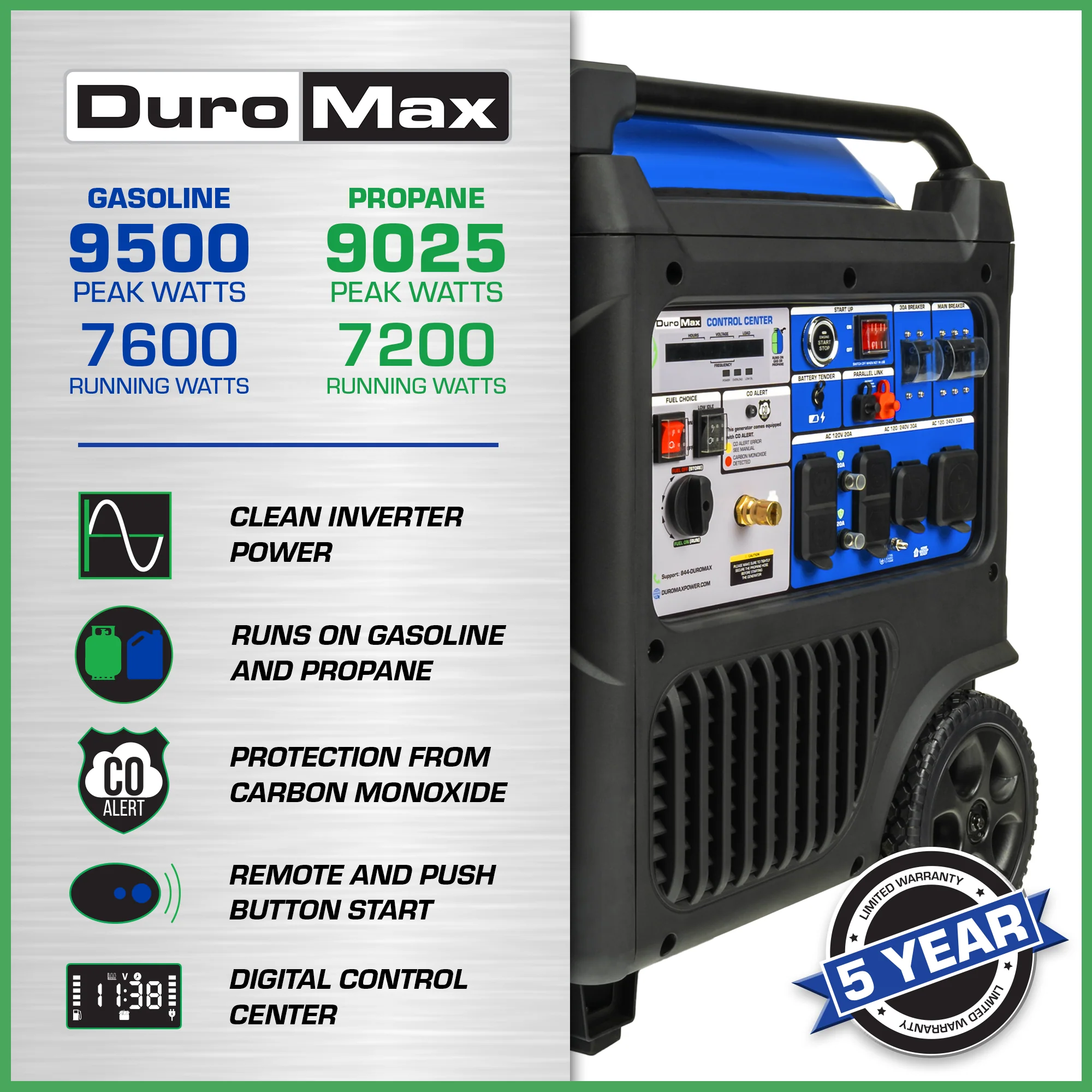 9.500 Watt draagbare dual-fuel invertergenerator met CO-alarm