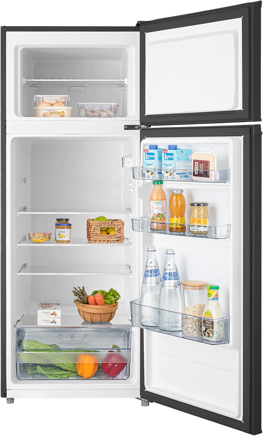 Comfee RCT284DK2 Kühl-/Gefrierkombination/Gefrierteil oben / 176 kWh/Jahr / 143cm Höhe/LED Licht/Reversibles Türscharnier/Sicherheitsglas, Schwarz