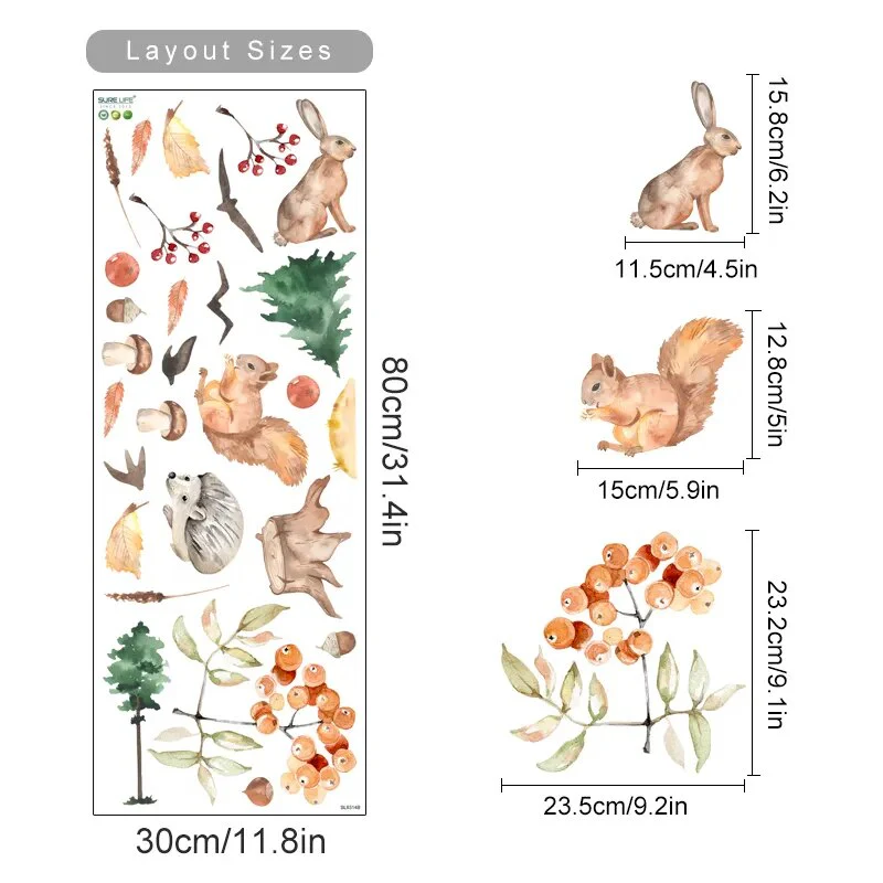 Boho Watercolor Woodland Mushrooms Leaves Branches Wall Decals