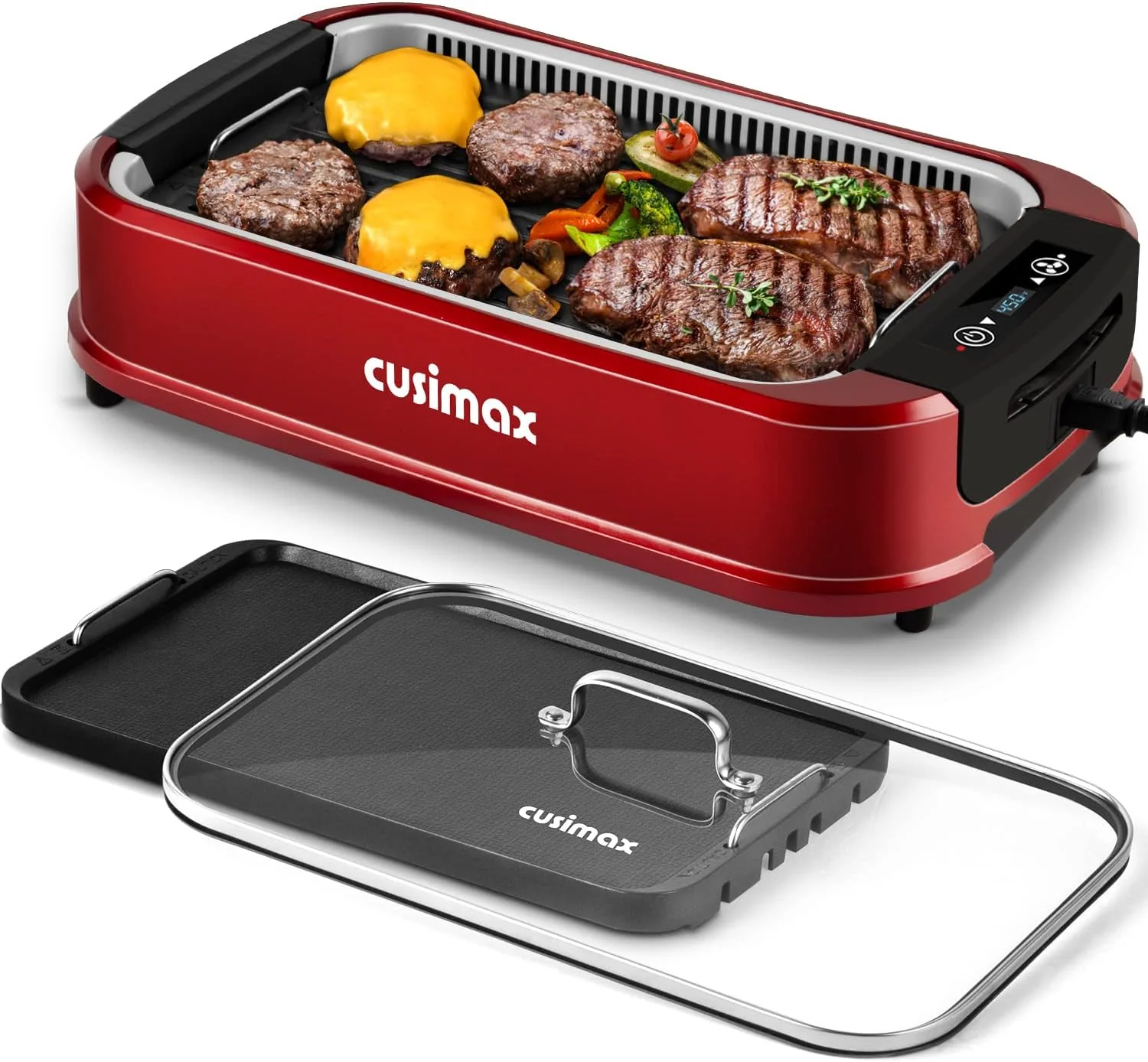 Indoor Grill. CUSIMAX Smokeless Grill Indoor. 1500W Electric Grill Griddle Korean BBQ with LED Smart Display & Tempered Glass Lid. Non-stick Removable Grill Plate & Griddle Plate. Black