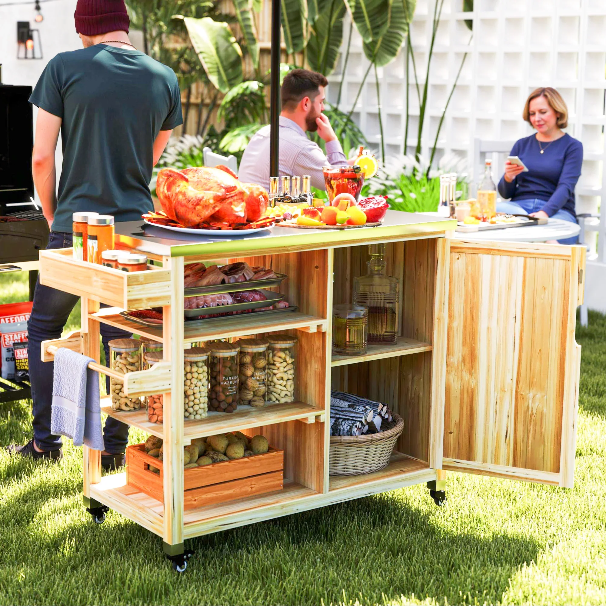 Outsunny Barbecuewagen Outdoor Keukeneiland met wielen Massief hout