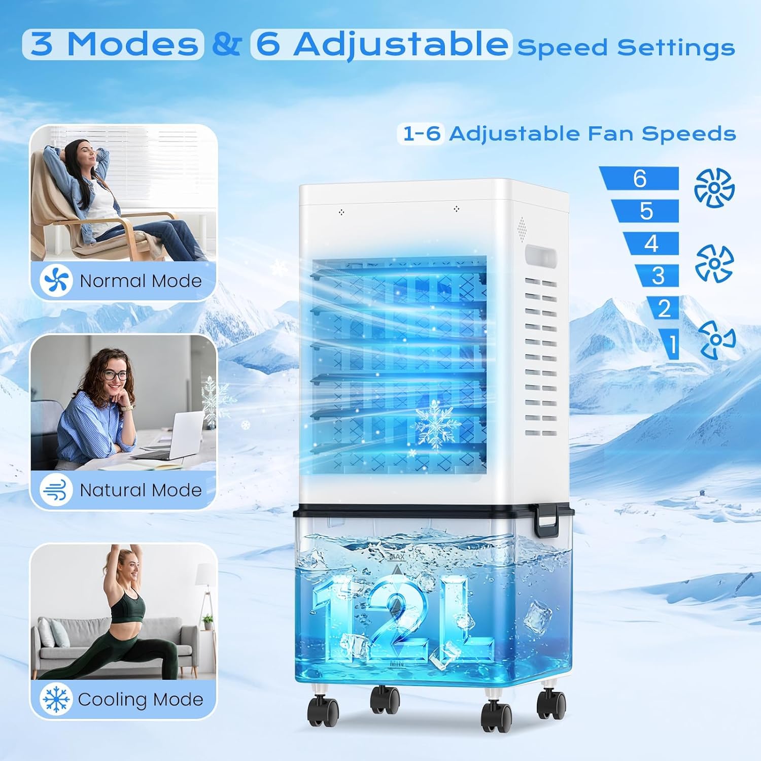 Klimaanlage Mobil 45W, Tragbarer Luftkühler3-seitiger Lufteinlass, 6 Modi, Verdunstungskühler mit 12L Abnehmbarem Tank, 24h Timer, 60/120° Oszillation, Leise, Fernbedienbar, für Zuhause & Schlafzimmer