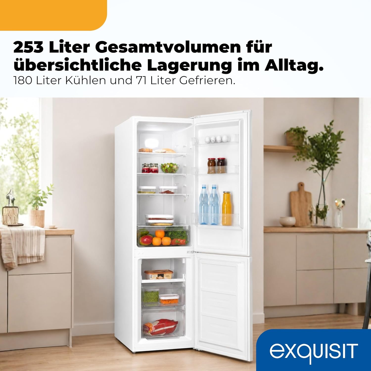 Exquisit Kühl-Gefrierkombination 253 l No Frost | Energieklasse C | leise 39 dB | schmal 54,5 cm | Schnellgefrieren | KGC5265-70-NF-040C weiss | Weiß