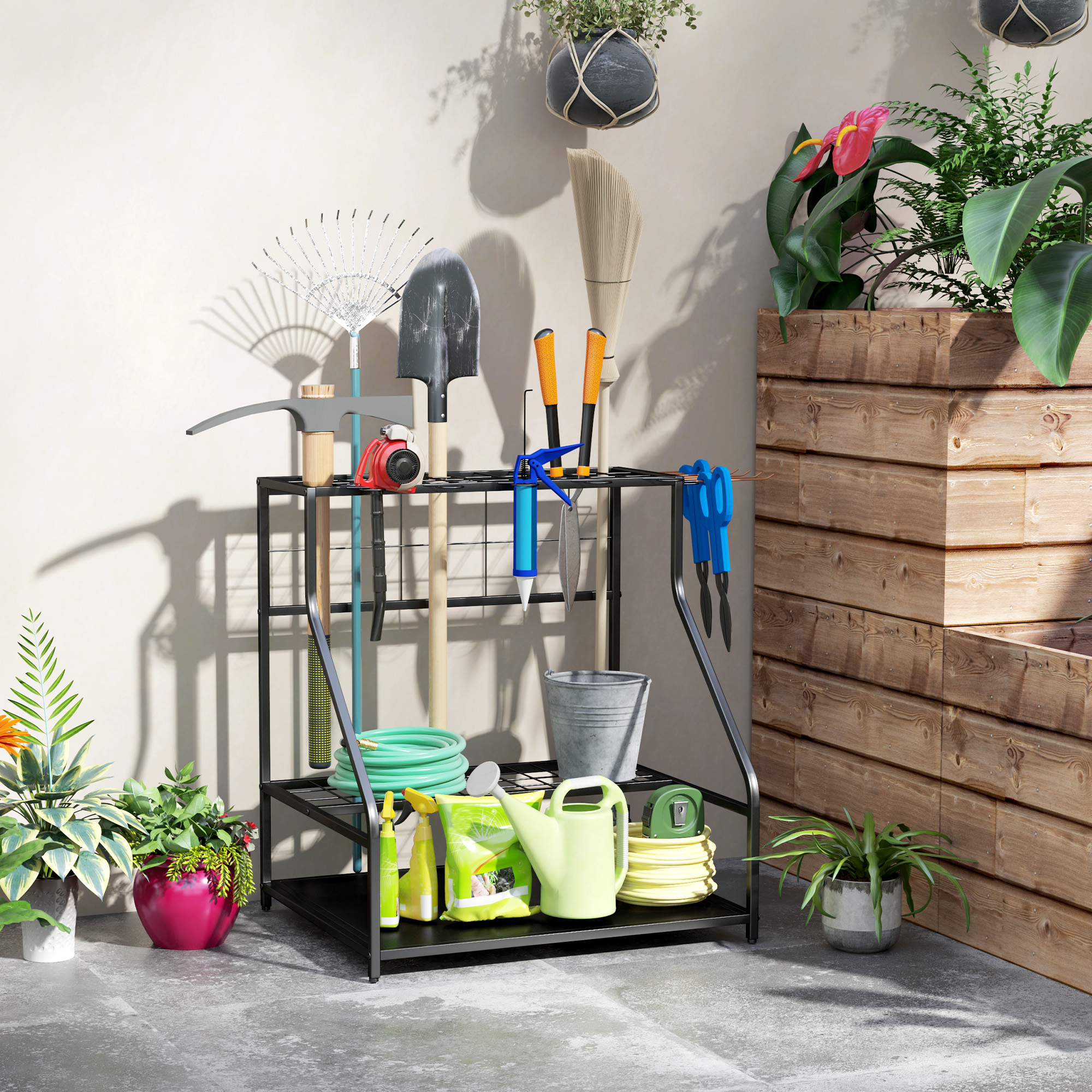Outsunny Gereedschapsrek voor Tuin - 3-laags Plank voor Gereedschap, Tuin Gereedschapsorganisator, Metaal, Oranje