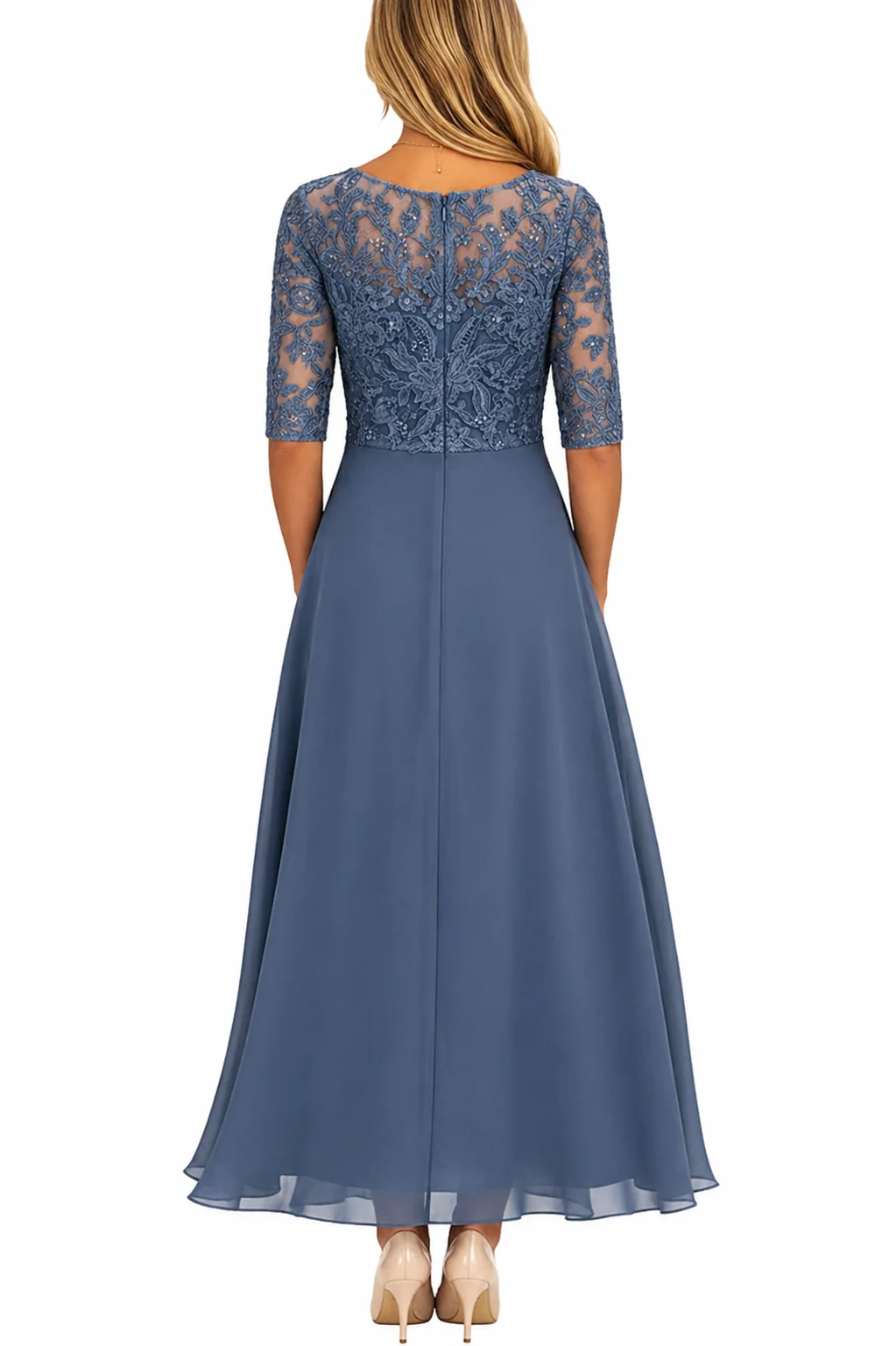 Elegantes Midi-Hochzeitsgastkleid mit Stickerei