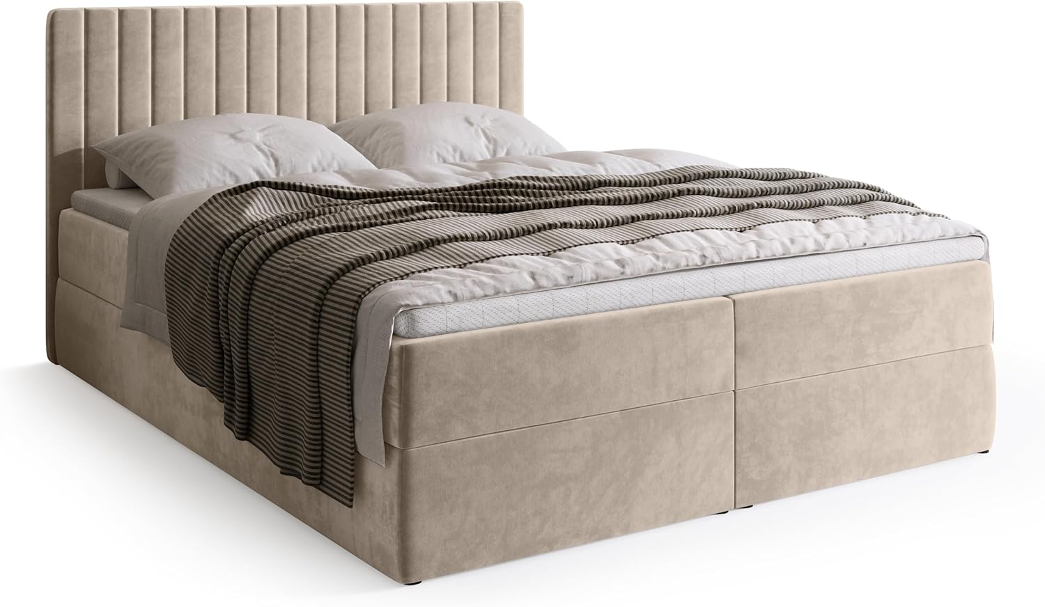 BROMARKT Boxspringbett mit Bettkasten Polsterbett mit Bonell-Matratze und Topper Doppelbett mit Stauraum Bett für Schlafzimmer gepolstertes Kopfteil Dream 160x200 Härtegrad H3 Samtstoff Beige