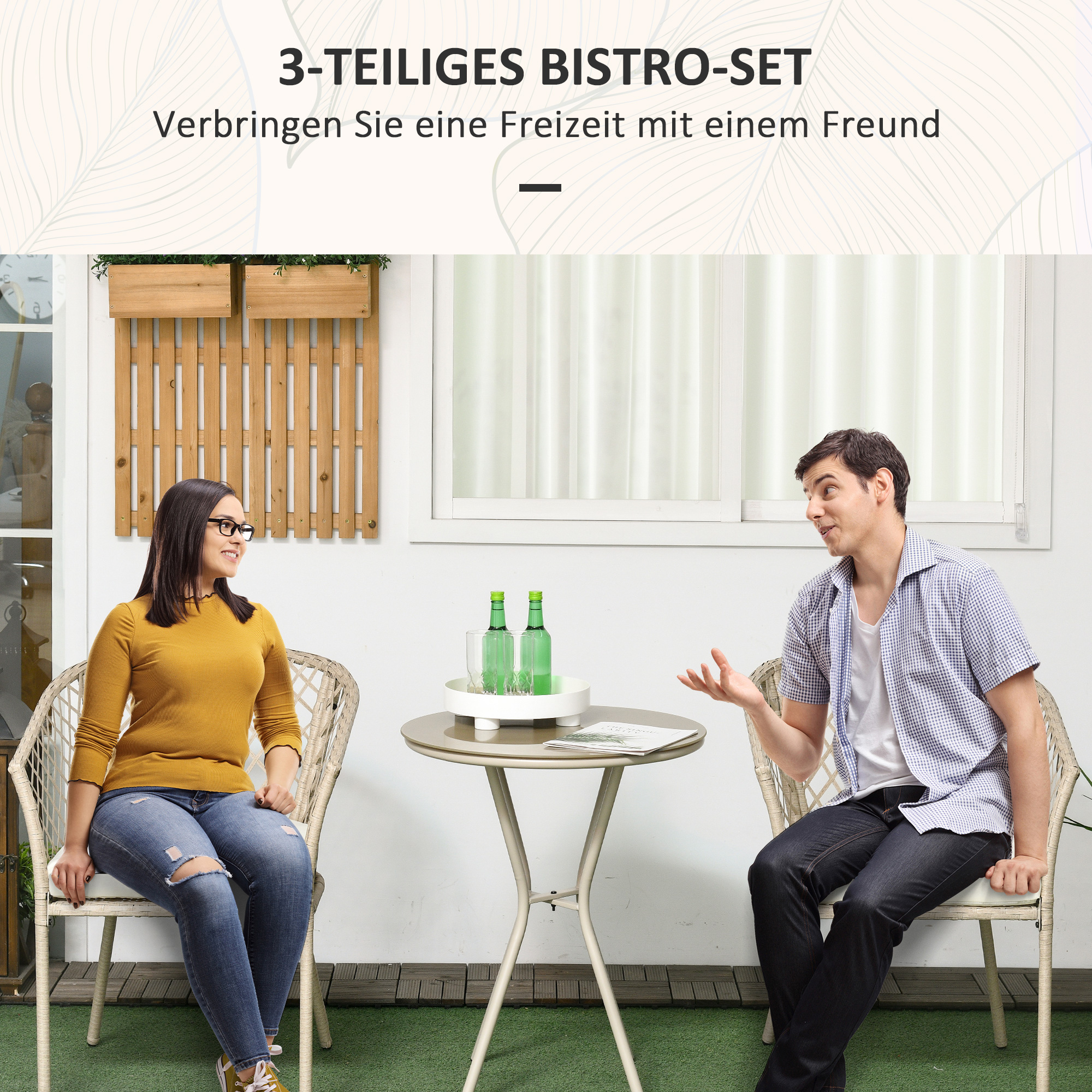 Rattan Tuinmeubelset, 2 Stoelen en Tafel, Gehard Glas Tafelblad, PE Rattan, Zitkussens, Metalen Frame, Khaki