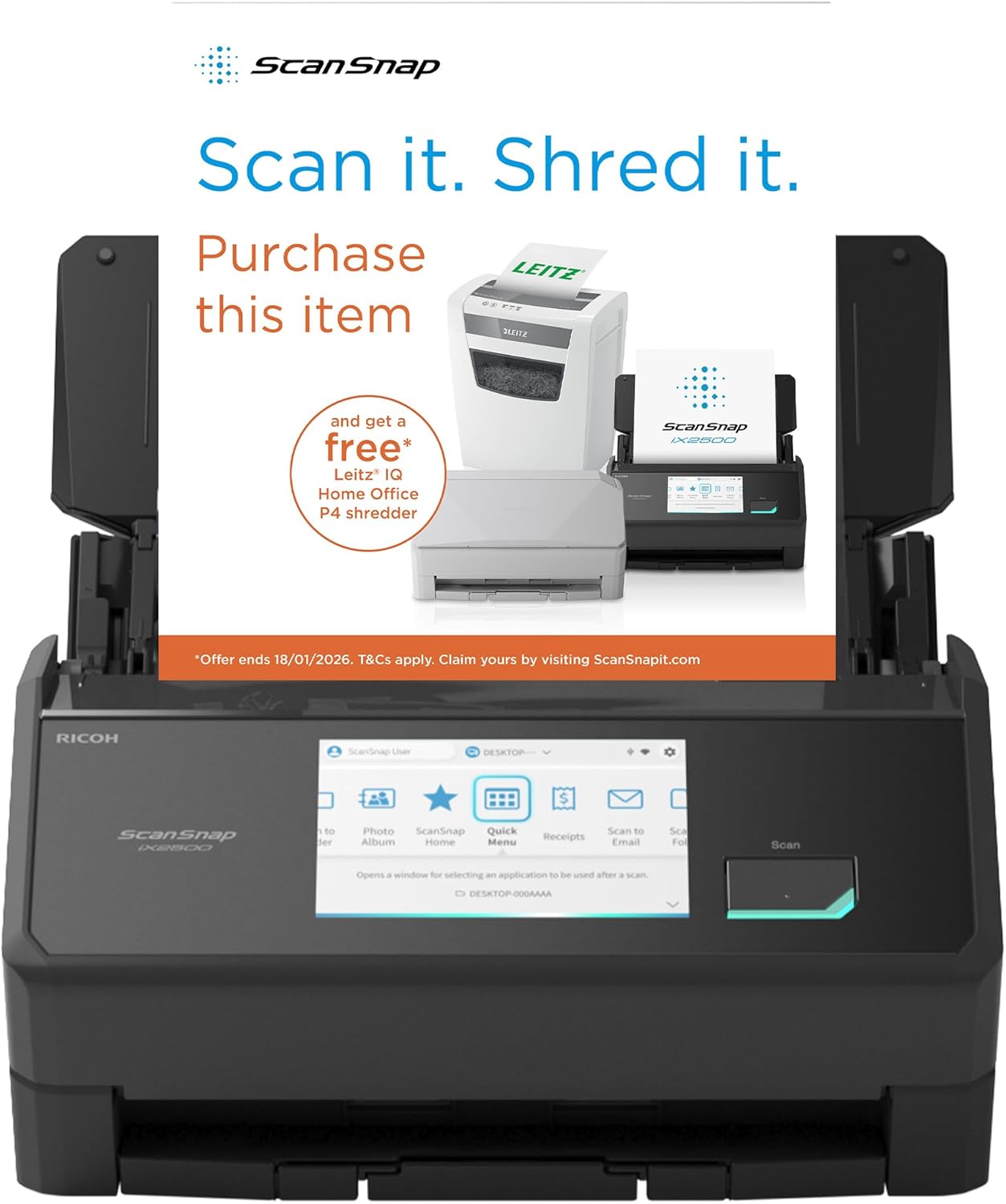 ScanSnap iX2500 Schwarz – Ultraschneller Duplex-Scanner mit 45 S./Min., 100-Blatt-ADF, 600DPI, 5″ Touchscreen, WLAN/Bluetooth/USB-Konnektivität