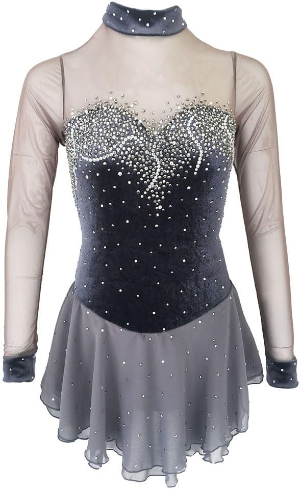 Eiskunstlauf Kleid Frauen Mädchen Eislaufen Kleid Grau Open Back Hohe Elastizität-Training Skating Wear Fest Farbigen Strass Langarm Ice