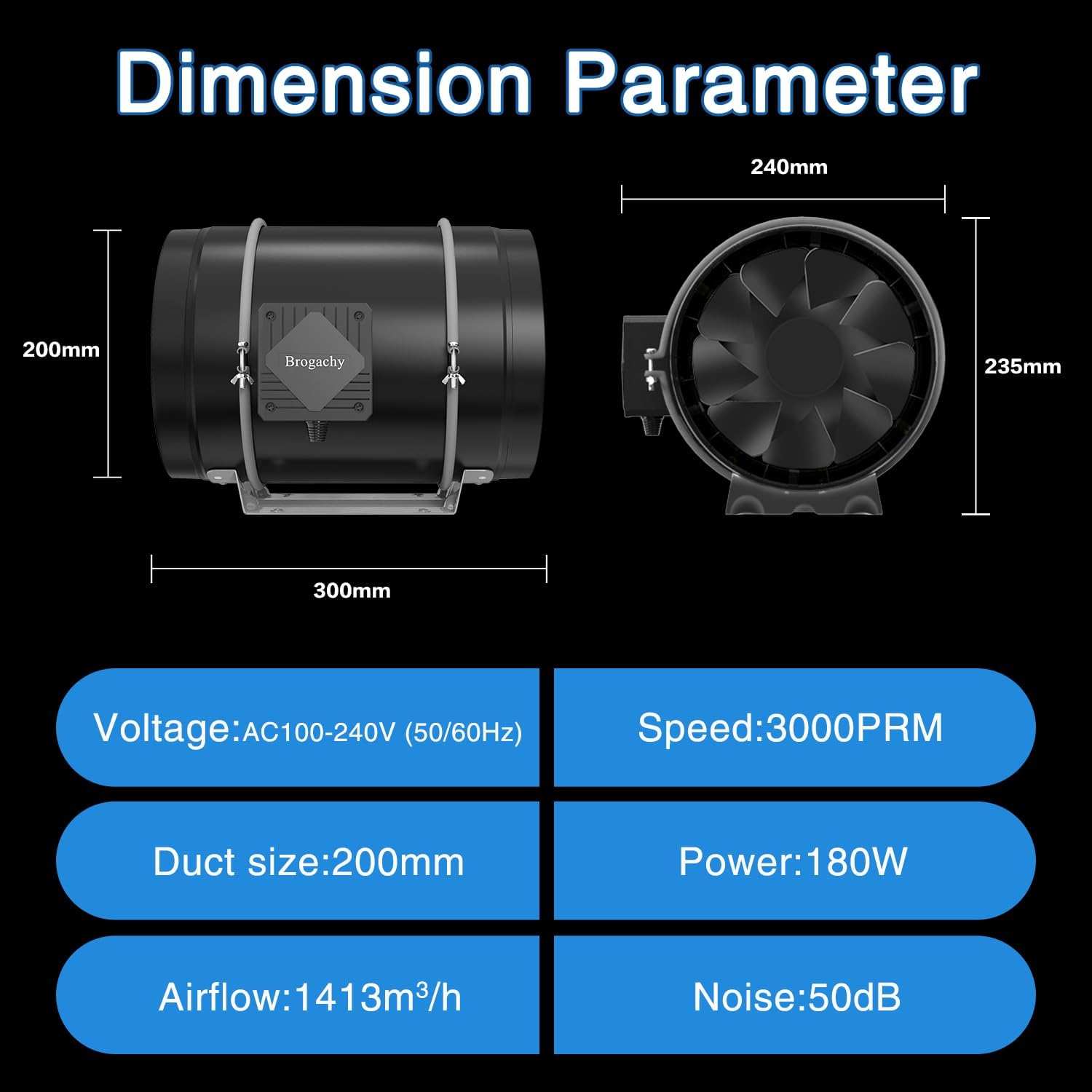 200mm Regelbar Rohrventilator, Abluftventilator 3000 RPM,mit Dreiphasiger EC Motor, für Heizung, Kühlung,Booster, Wachstumszelte, Hydrokulturen, Heimgebrauch, Belüftung.