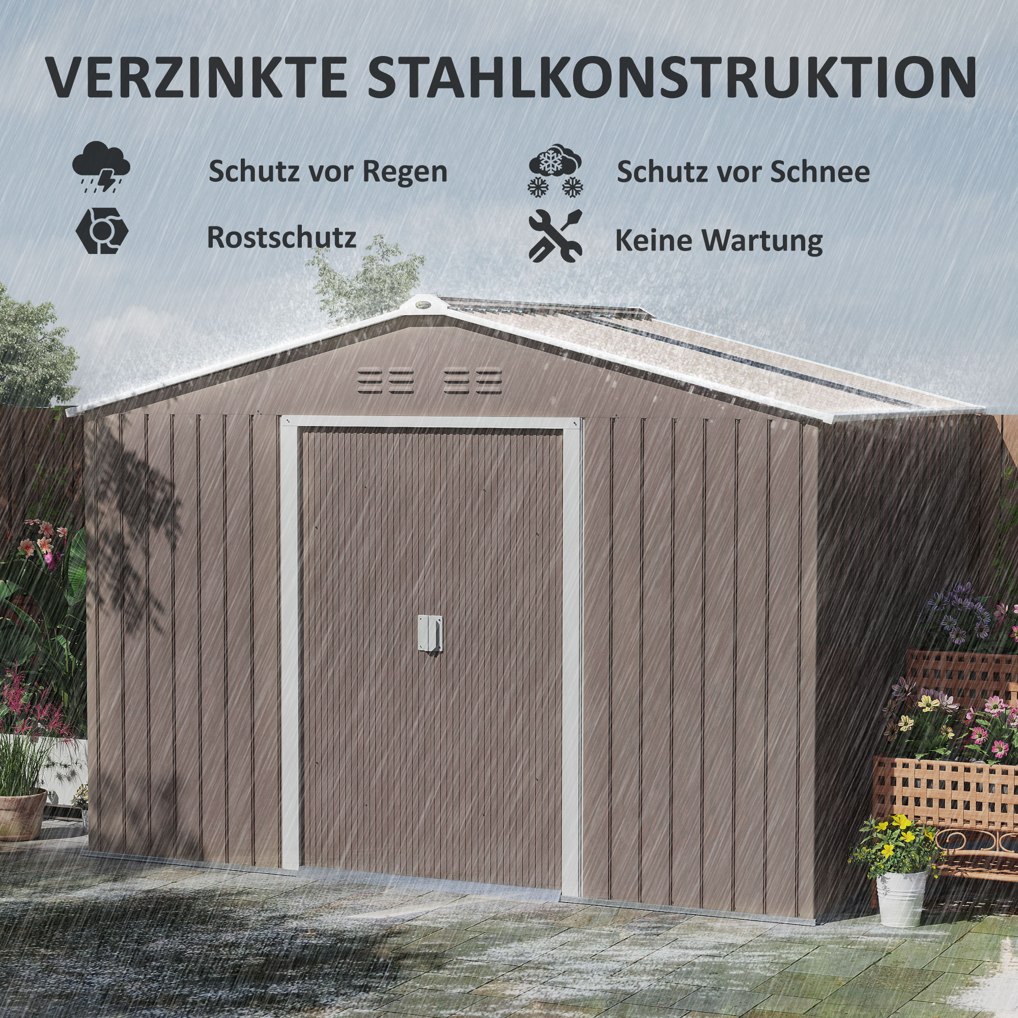 Metalen tuinschuur met schuifdeuren en ventilatieramen, 277 x 195 x 192 cm, lichtgrijs