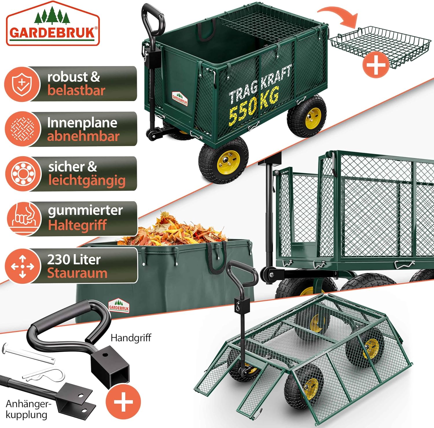 GARDEBRUK® Bollerwagen 550kg Belastbar Klappbar Stabil Herausnehmbare Plane Gerätewagen Handwagen Garten Gartenkarre Gartenwagen Transportwagen Karre