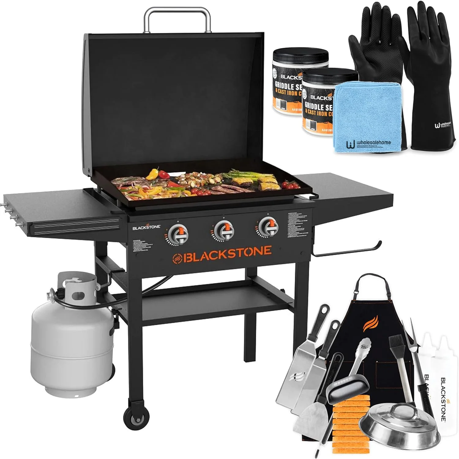 28 Inch Blackstone Griddle 2080 with Hood XL Griddle Original 3-Burner Outdoor Flat Top Grill. with Blackstone Griddle Accessories. Seasoning. and Wholesalehome Gloves and Cloth
