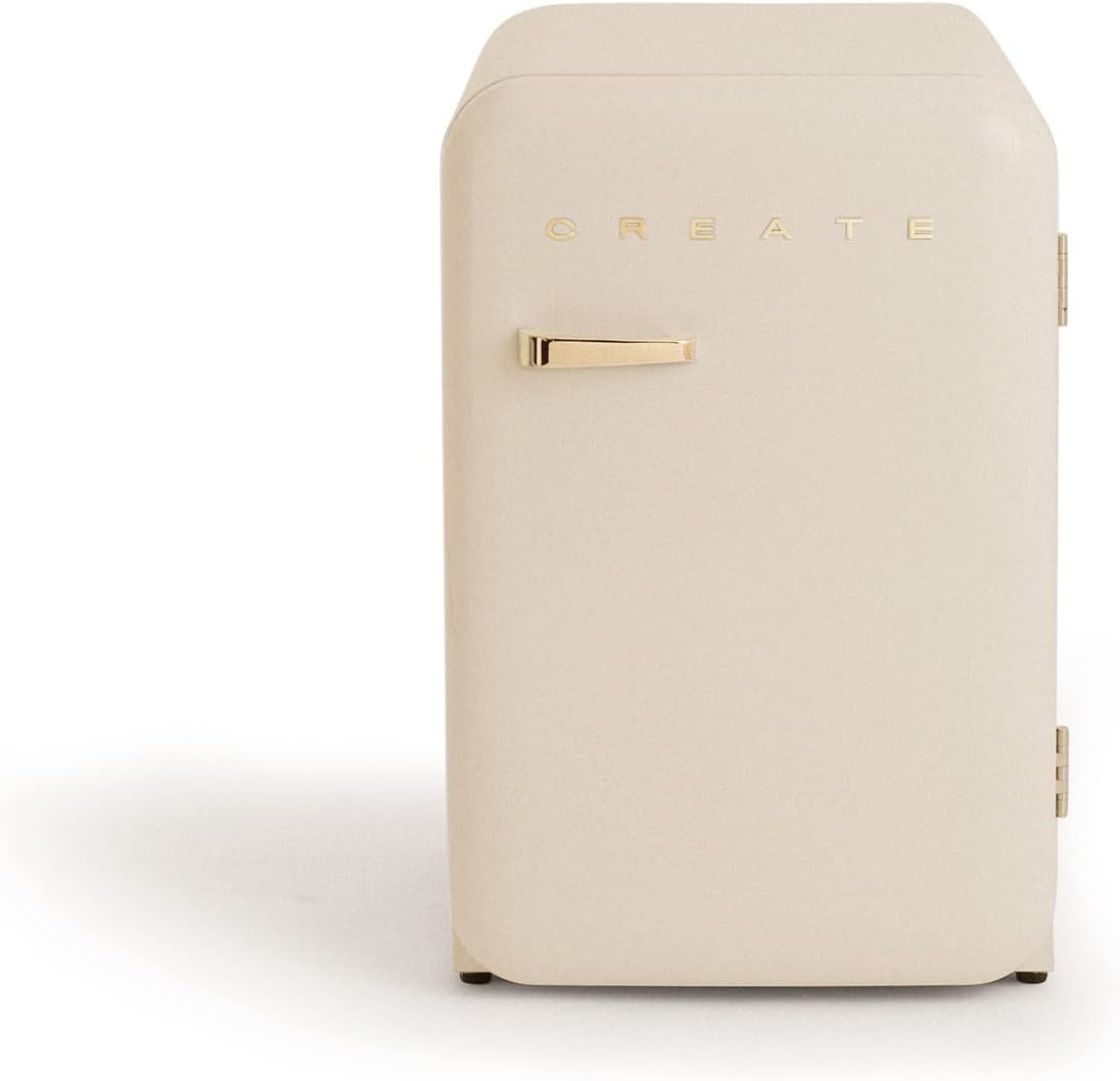 CREATE / RÉTRO FRIGO 83.5 ARGENT/Réfrigérateur blanc cassé avec poignée or / 98W, basse consommation, 2 étagères, régulateur de température, porte-bouteilles, 56x54x84cm.
