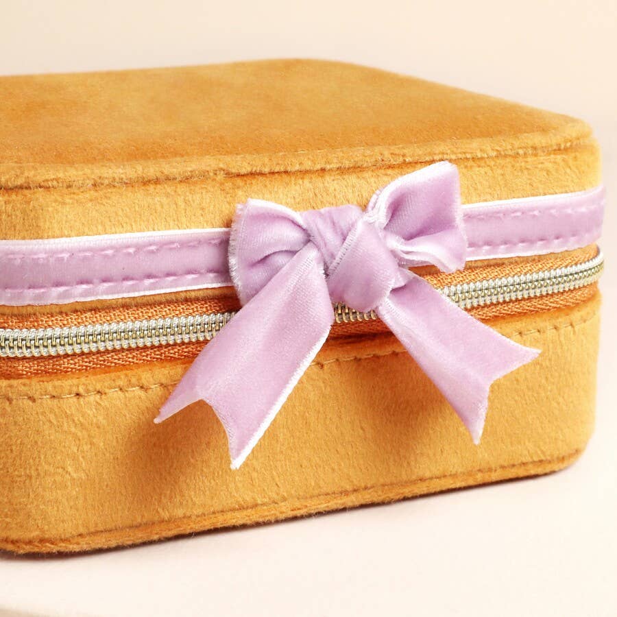 Mustard and Pink Velvet Bow Square Travel Jewelry Case