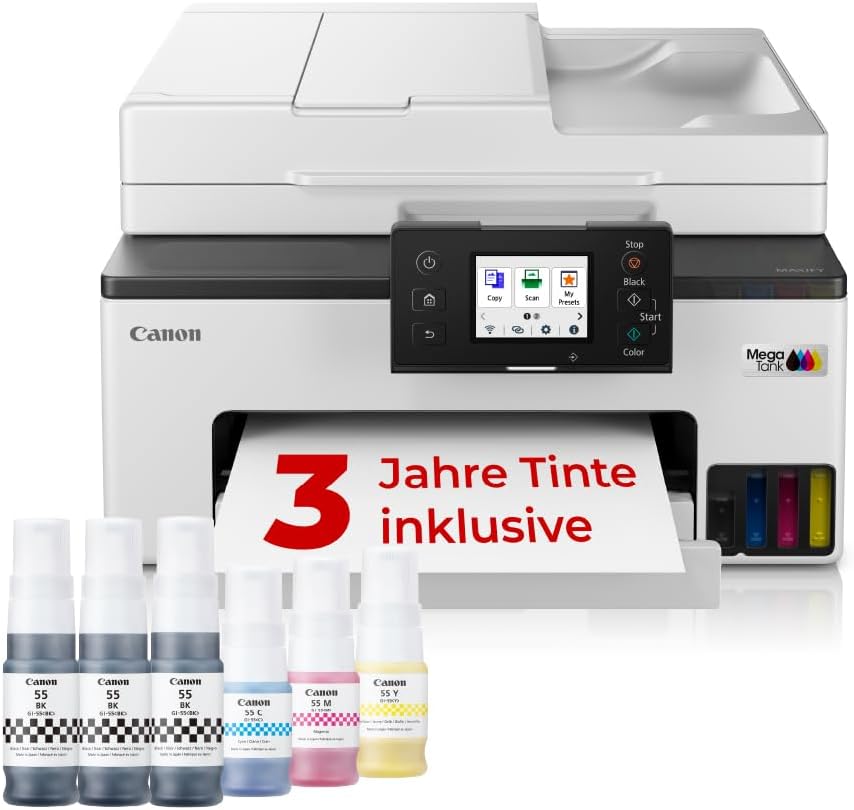 Canon MAXIFY GX2050 Tintenstrahldrucker 4-in-1 Multifunktionsgerät DIN A4 (Drucker, Scanner, Kopierer, Fax, ADF, 600x1200 DPI, WLAN, USB, Duplexdruck, 250 Blatt Kassette) Enthält 6 x Tintenflaschen