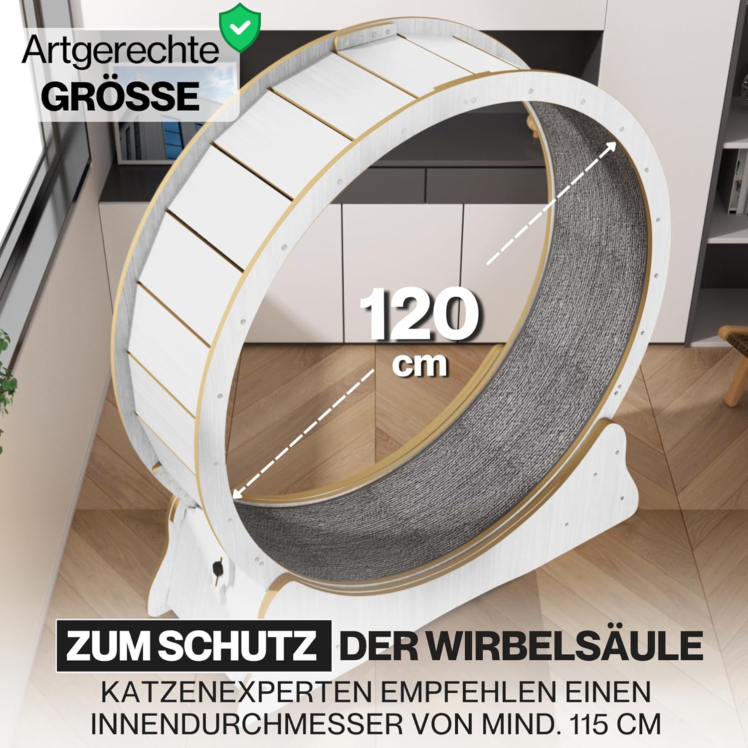 noviclass® Katzenlaufrad Baghira Groß XXL | 132cm Durchmesser Artgerecht für große Katzen | Kratzfest, stabil und leise | Gratis Spielzeug und E-Book | Geprüfte Qualität (Weiß)