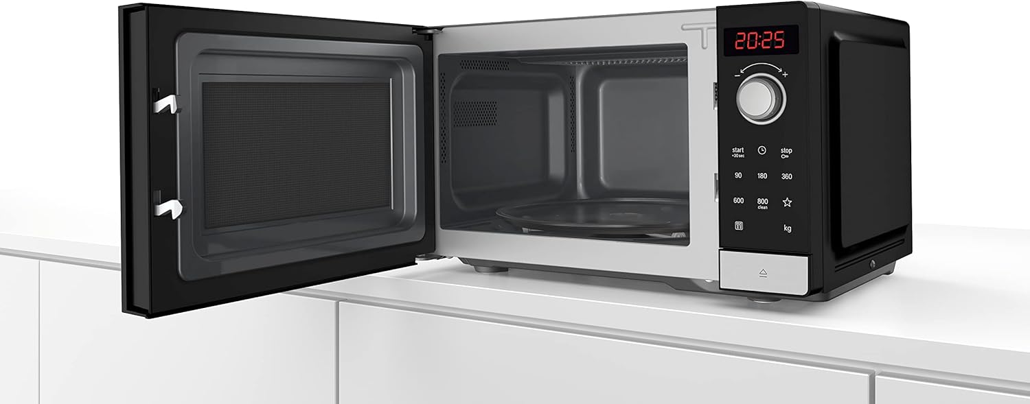 Bosch FFL023MS2 Serie 2 Mikrowelle, 26 x 44 cm, 800 W, Drehteller 27 cm, Türanschlag Links, AutoPilot 7 7 Automatikprogramme, Reinigungsunterstützung, LED-Touchdisplay, Edelstahl