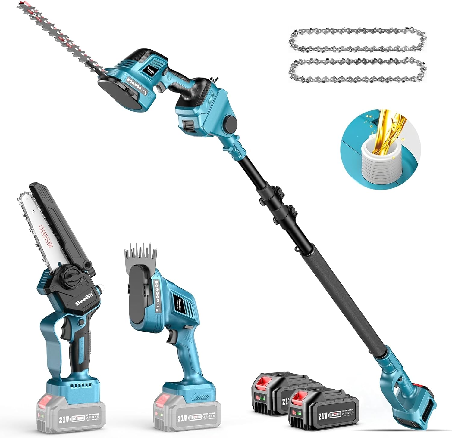 Seesii 6-in-1 Mini Kettensäge & Akku Heckenschere Set, mit 2 * 4000mAh Akkus, Hochentaster mit Teleskopstange, Maximale Reichweite bis zu 4,57m, Geeignet für Gartenpflege und zum Holzfällen