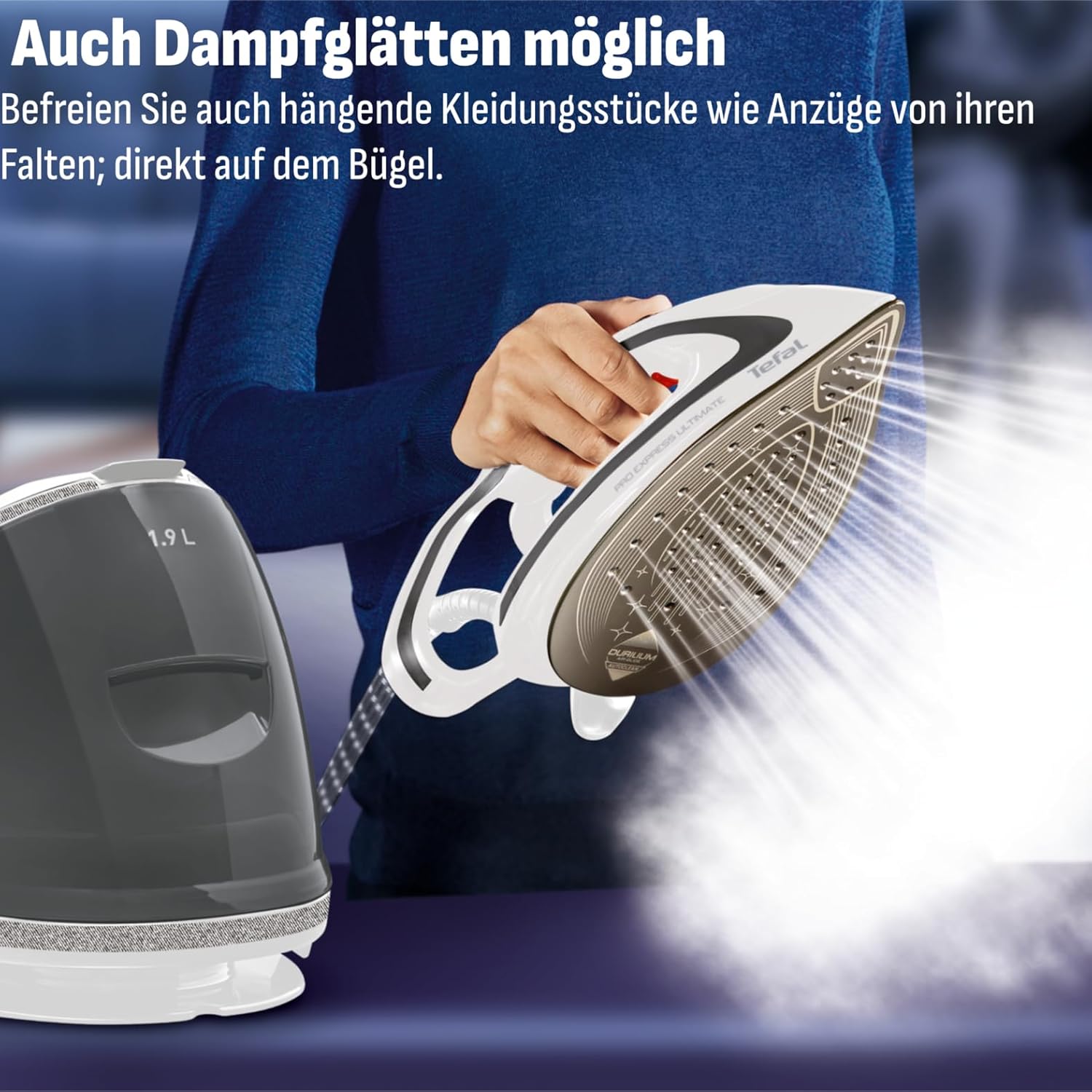 Tefal Dampfbügelstation Pro Express Ultimate, 7,7 Bar, 155 g/Min. Kontinuierlicher Dampf, 500 g/Min. Extra-Dampfstoß, 2600 Watt, Kalk-Kollektor, Bügeleisen Dampfstation, weiß/grau, GV9567