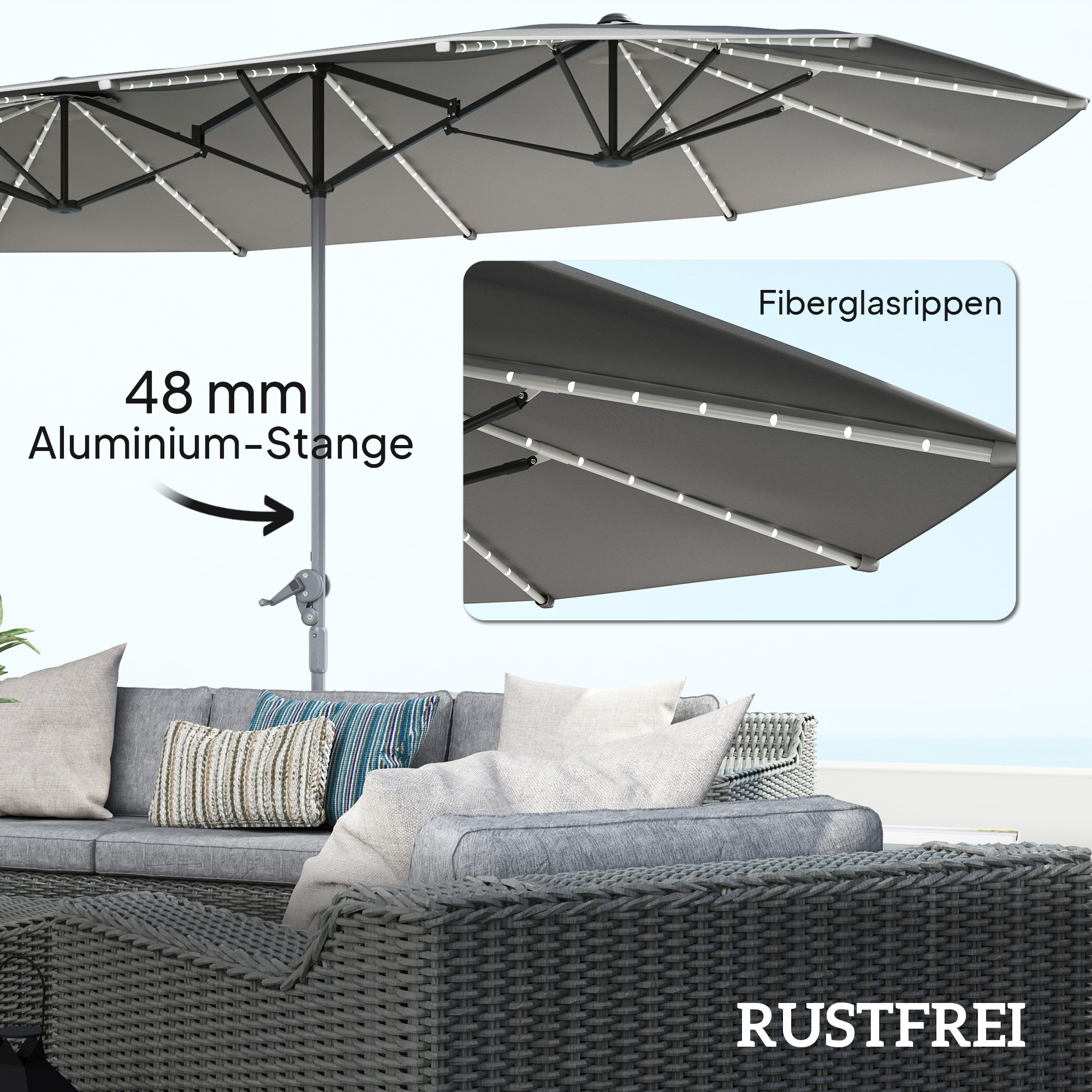 Dubbele Parasol met Zonne-energie Verlichting, Aluminium, Polyester, UPF50+ Bescherming, UV-bestendig, Terras Parasol, Donkergrijs