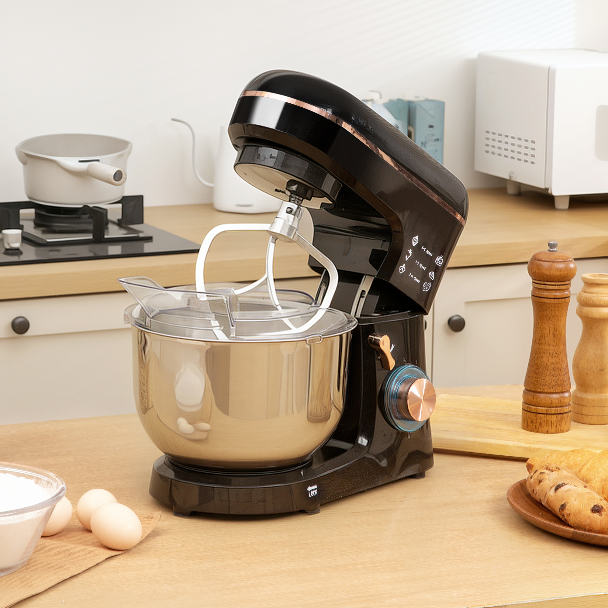 Staande Mixer, Keukenmachine, Mixer, 6 Standen, 5,5L Roestvrijstalen Kom, Zwart