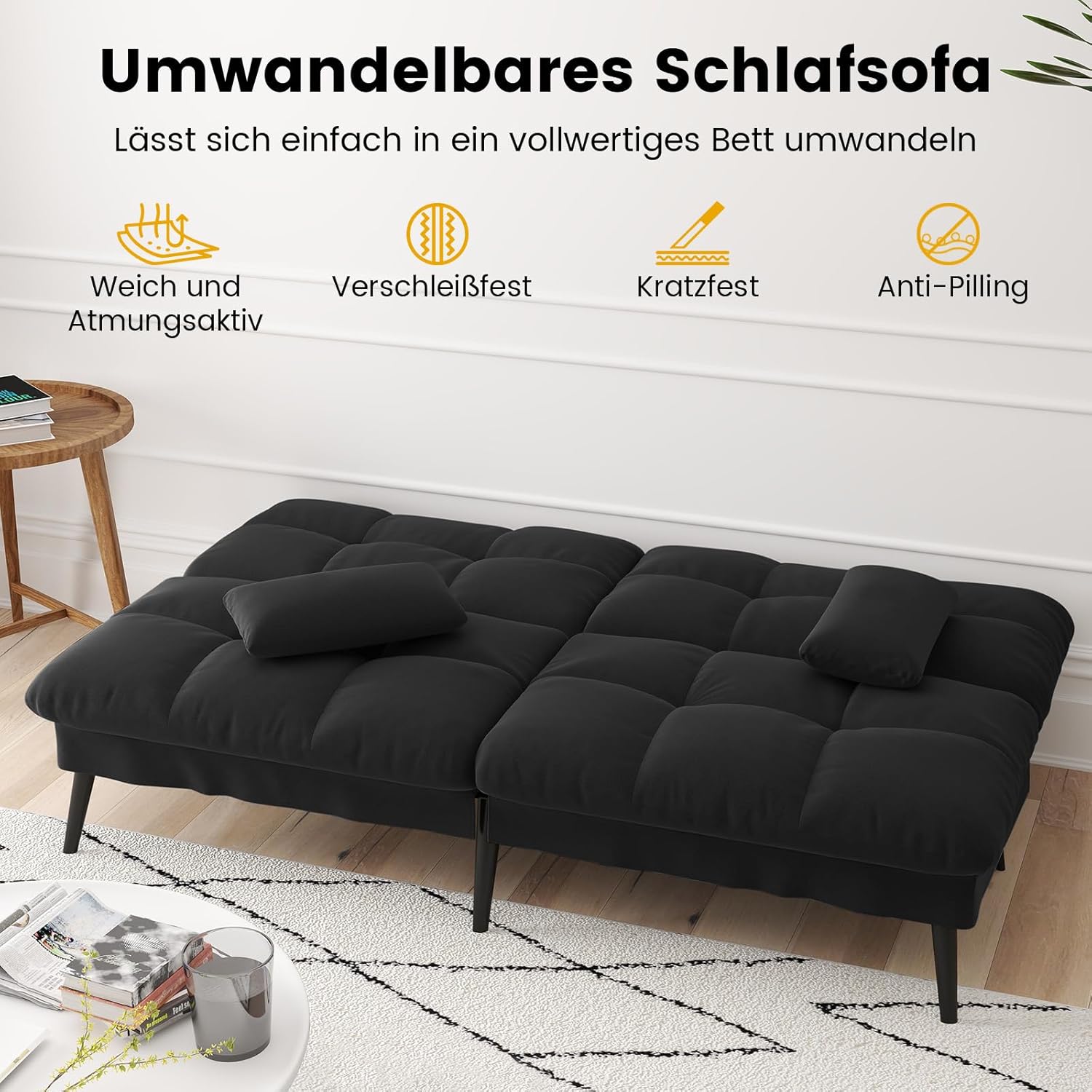 LUCKRACER Sofa 3 Sitzer Sofa Schlafsofa mit Schlaffunktion, überzug Futon Klappsofa, Bettcouch, ecksofa, Couch, 5 Verstellbare Winkel, Ideal für Wohnungen Wohnzimmer aus Stoff Schwarz