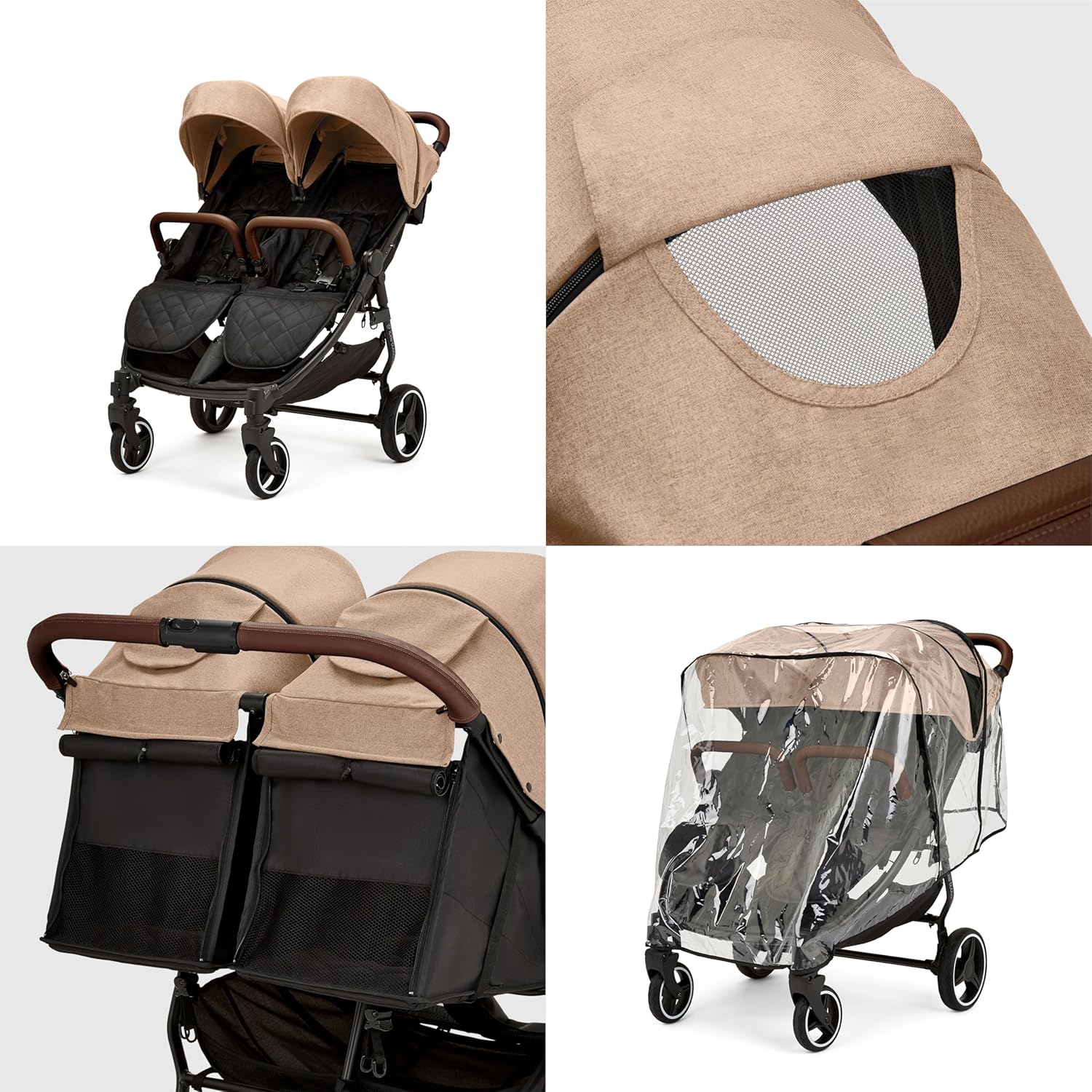 Venus Max Doppel kinderwagen - geeignet von Geburt bis 15 kg (ca. 3 Jahre), kompakter, leichter, faltbarer Zwillingskinderwagen, inklusive Regenschutz und Fußwärmer (Biscuit)