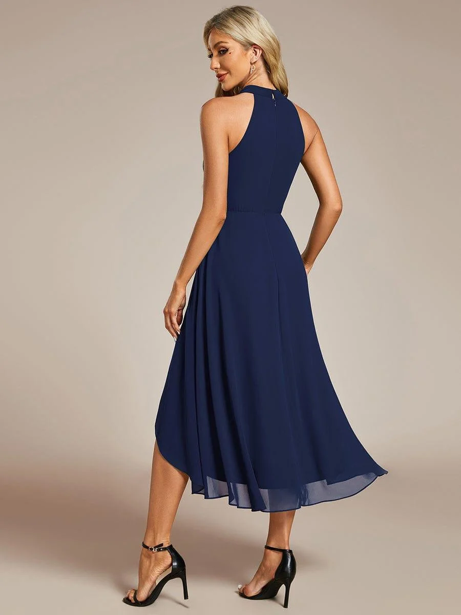 Damen Chiffon Midi-Kleid in A-Linie | Festliches Halterneck Kleid mit Plissee-Details | Sommerliches Kleid f��r Hochzeitsg?ste