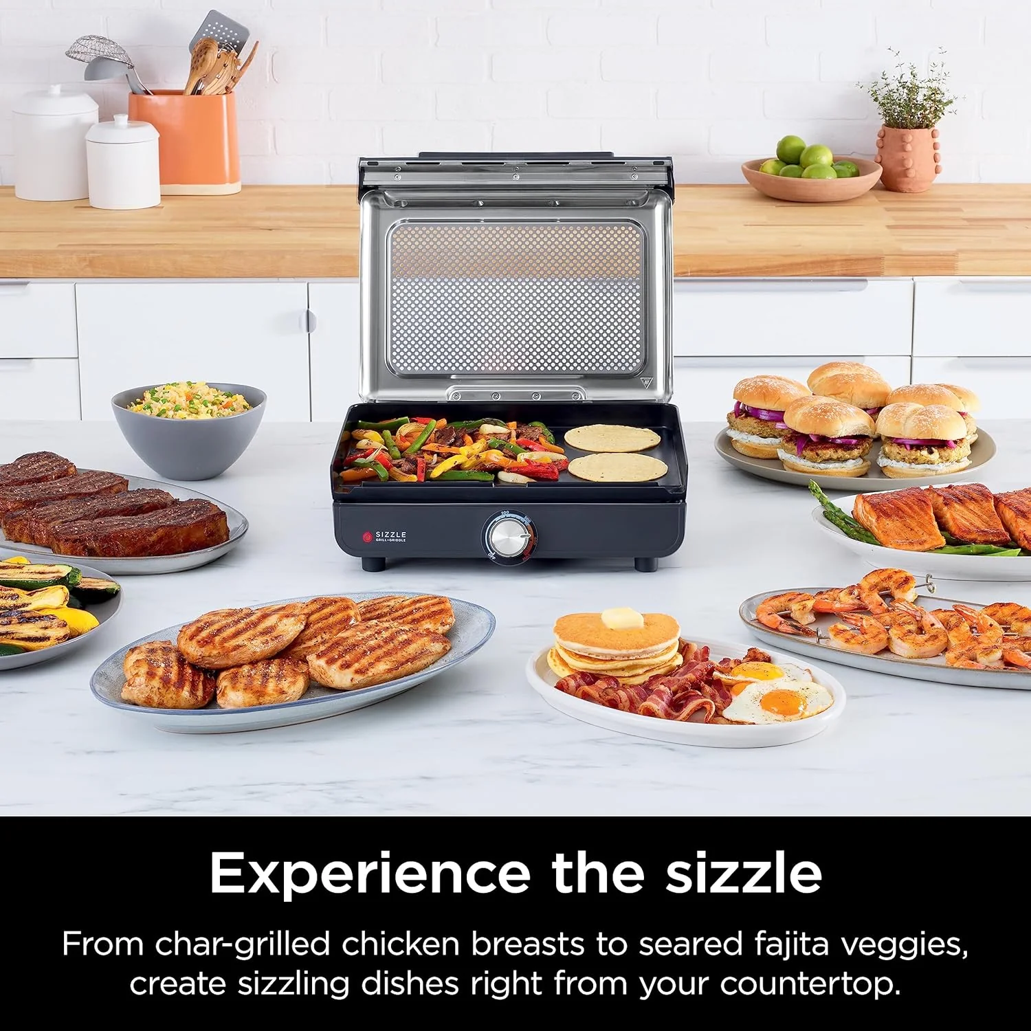 Ninja Griddle and Indoor Grill. 14��锟�? Electric Grill. For Steak. Burgers. Salmon. Veggies. and More. Pancake Griddle. Nonstick. Dishwasher Safe. 500F. Even Cooking. Silver. GR101