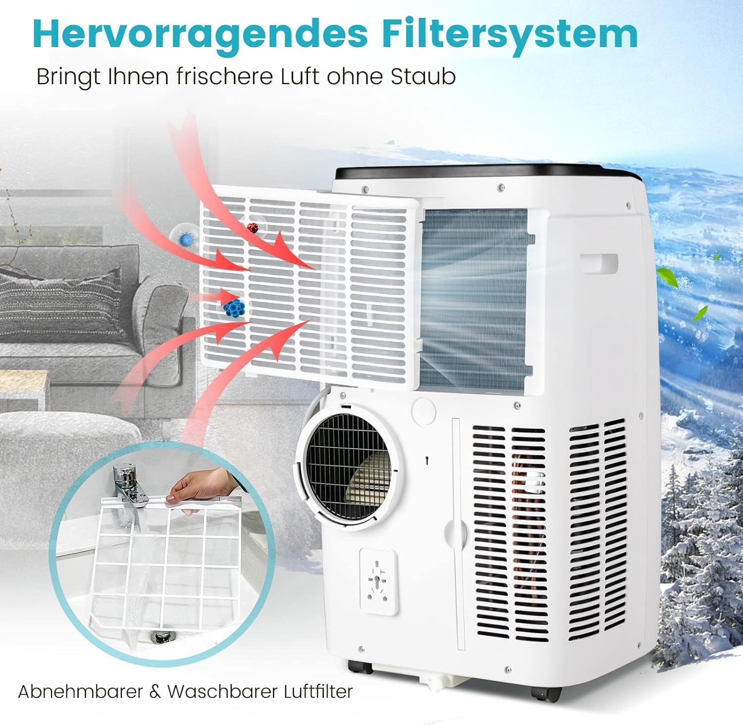 FANTASK 5 in 1 mobile Klimaanlage mit APP/Fern Kontrolle14000BTU, 45 m² Klimagerät Heizlüfter Ventilator Entfeuchter mit Abluftschlauch für 135 m³