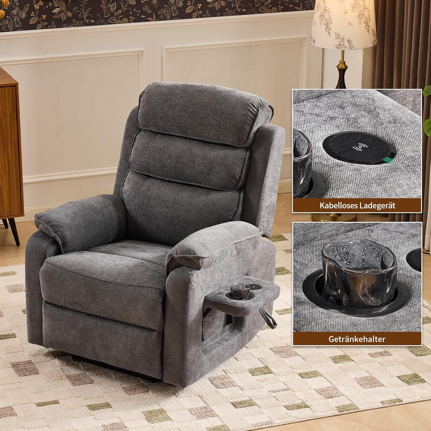 LEADZM Fernsehsessel Relaxsessel mit drahtloser Ladevorrichtung, 1 USB-Anschluss, 1 USB-C-Ladeanschluss, Liegen TV Sessel mit Massage Heizung, Getränkehalter (Dunkelgrau)