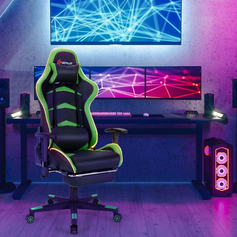 Led Massage Gaming Chair Height Adjustable Racing Computer Office Chair With Footrest Ergonomic High Back Pu Swivel Game Chair - Comfortable And Ergonomic Design