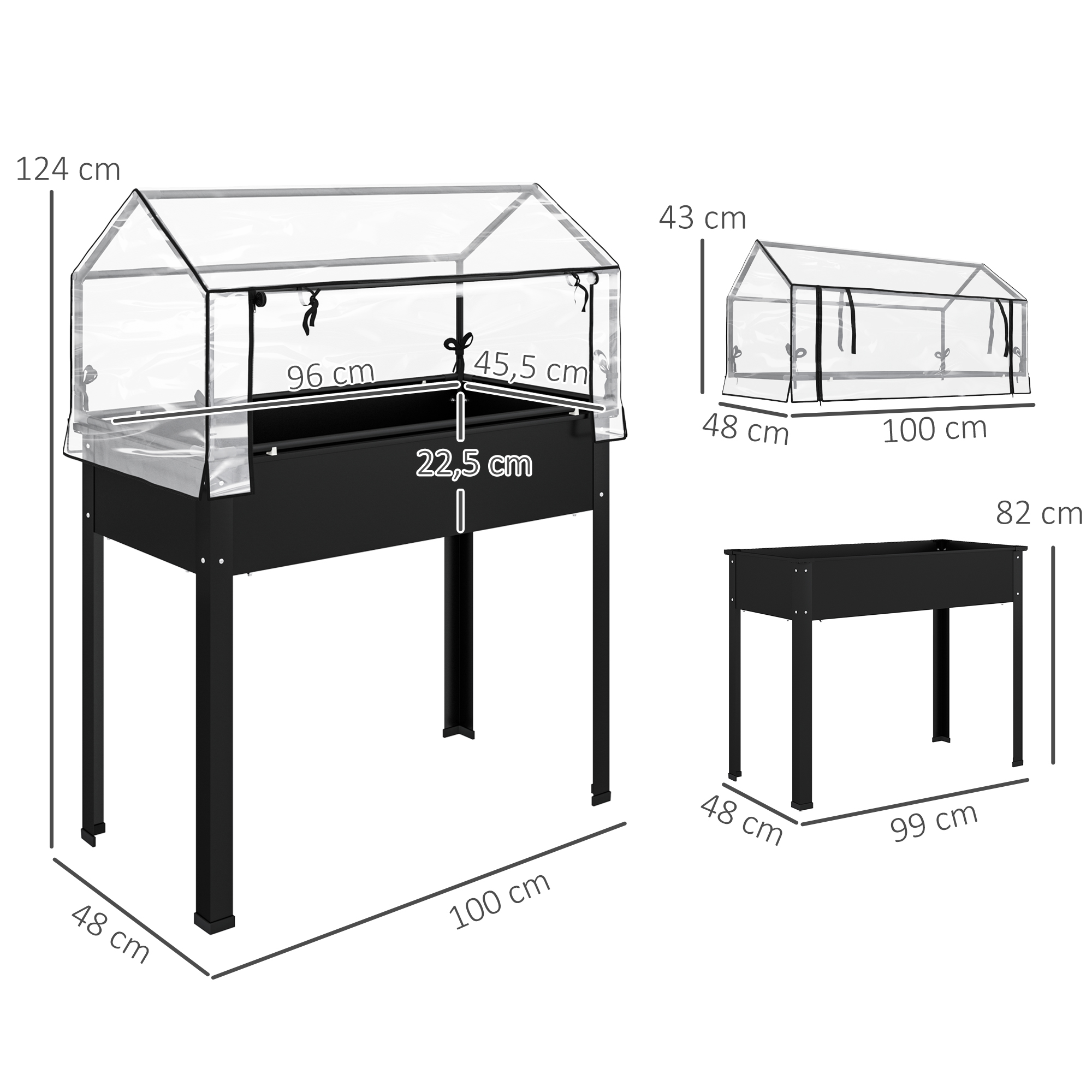 Verhoogde Tuinbak met Kasdak, Verhoogde Plantenbak met Afvoergaten, 100 x 48 x 124 cm, Zwart