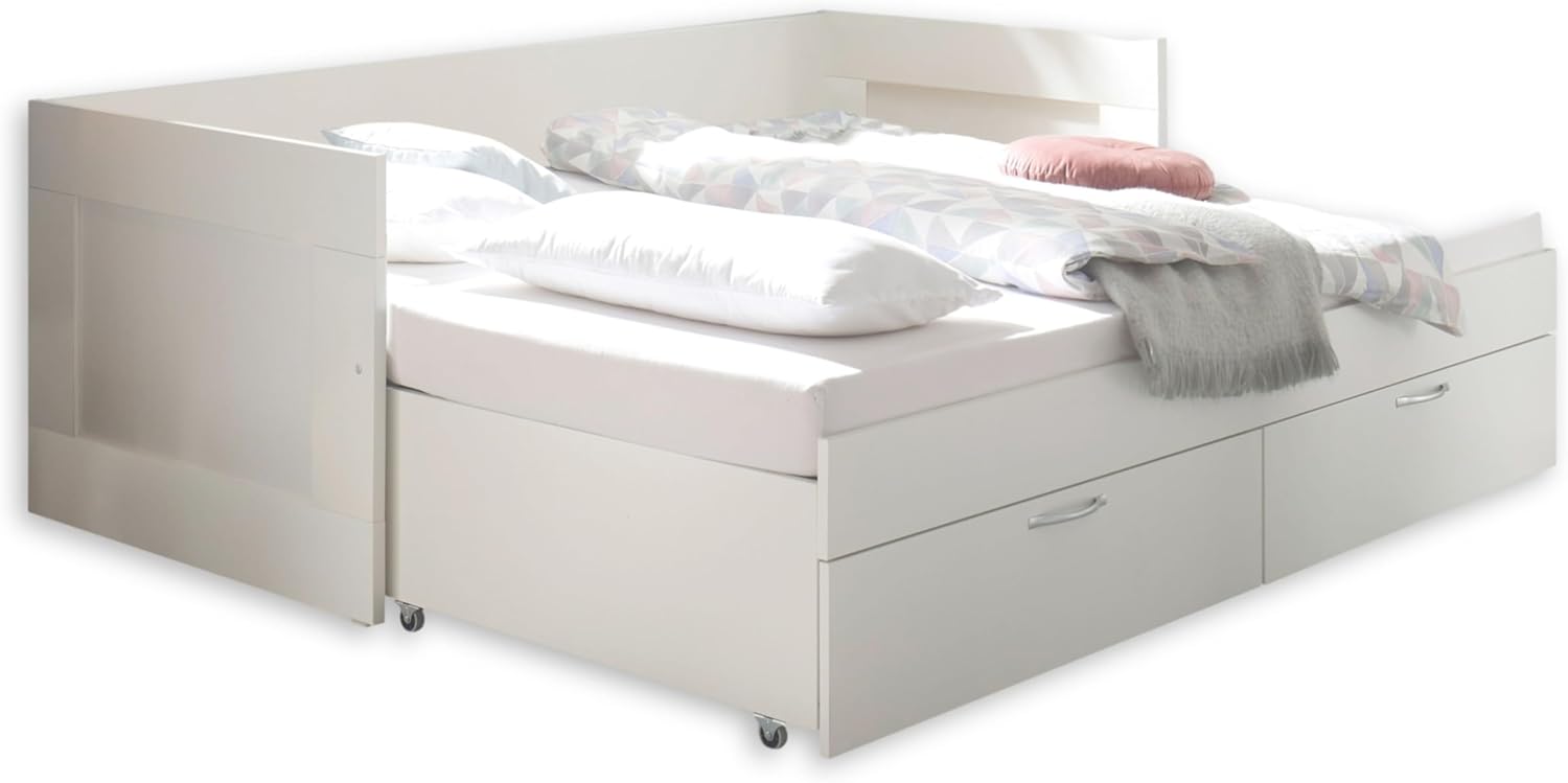 SALIAS Funktionsbett 90 x 200 cm mit ausziehbarer Liegefläche - Platzsparendes Jugendzimmer Einzelbett mit Bettkasten in Weiß - 205 x 68 x 97 cm (B/H/T)